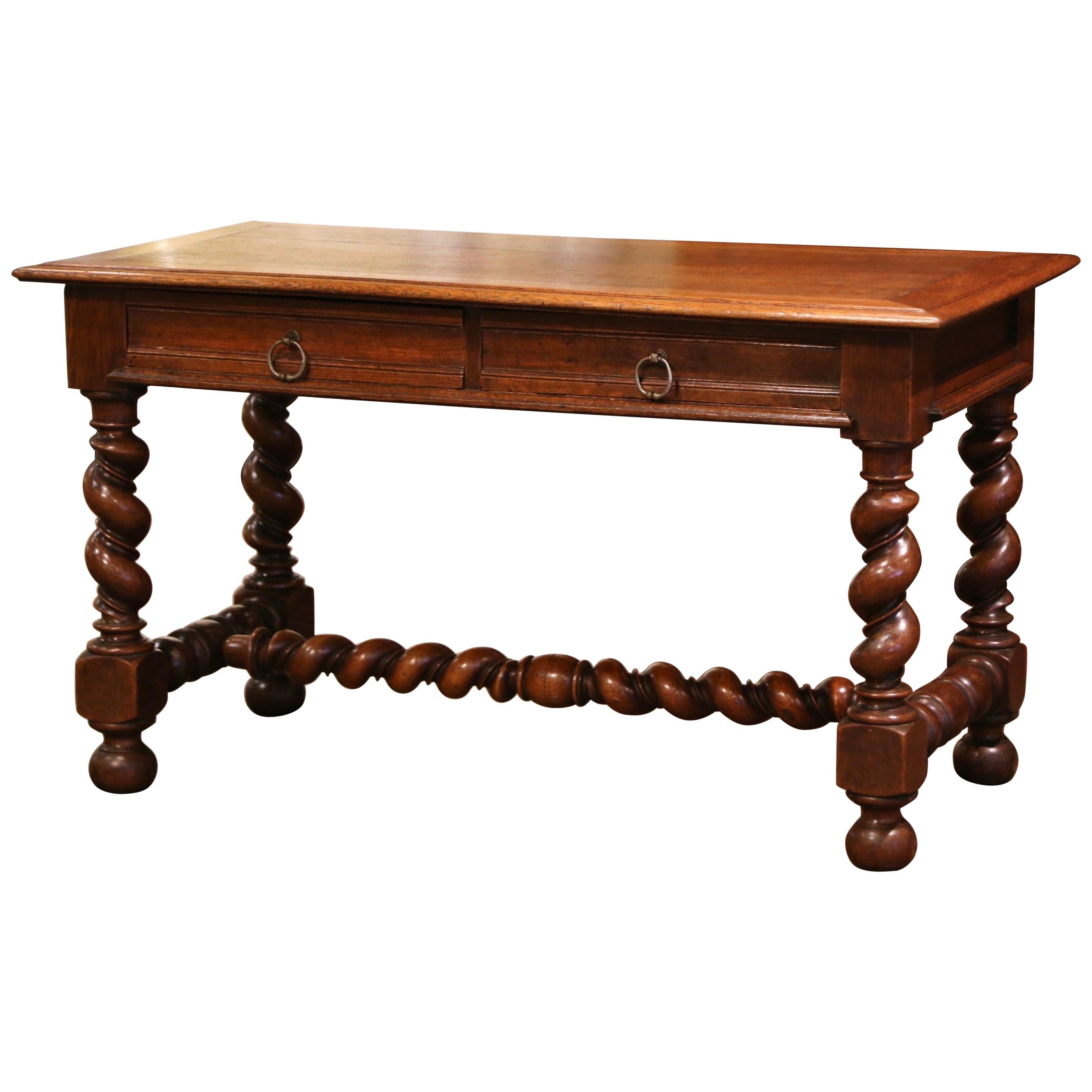 19th Century French Louis XIII Carved Oak Barley Twist Table Desk