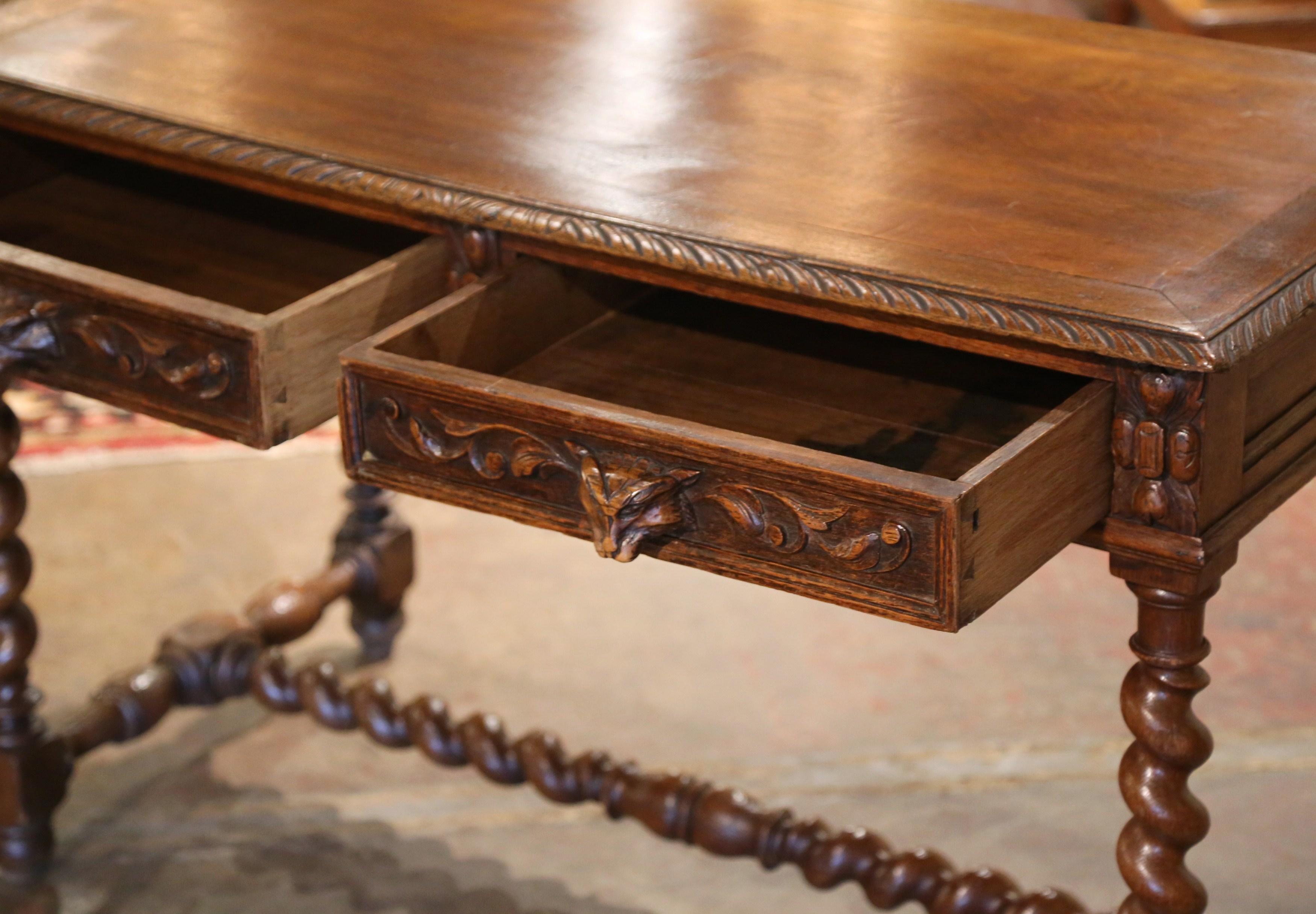 19th Century French Louis XIII Carved Oak Barley Twist Table Desk with Drawers 6