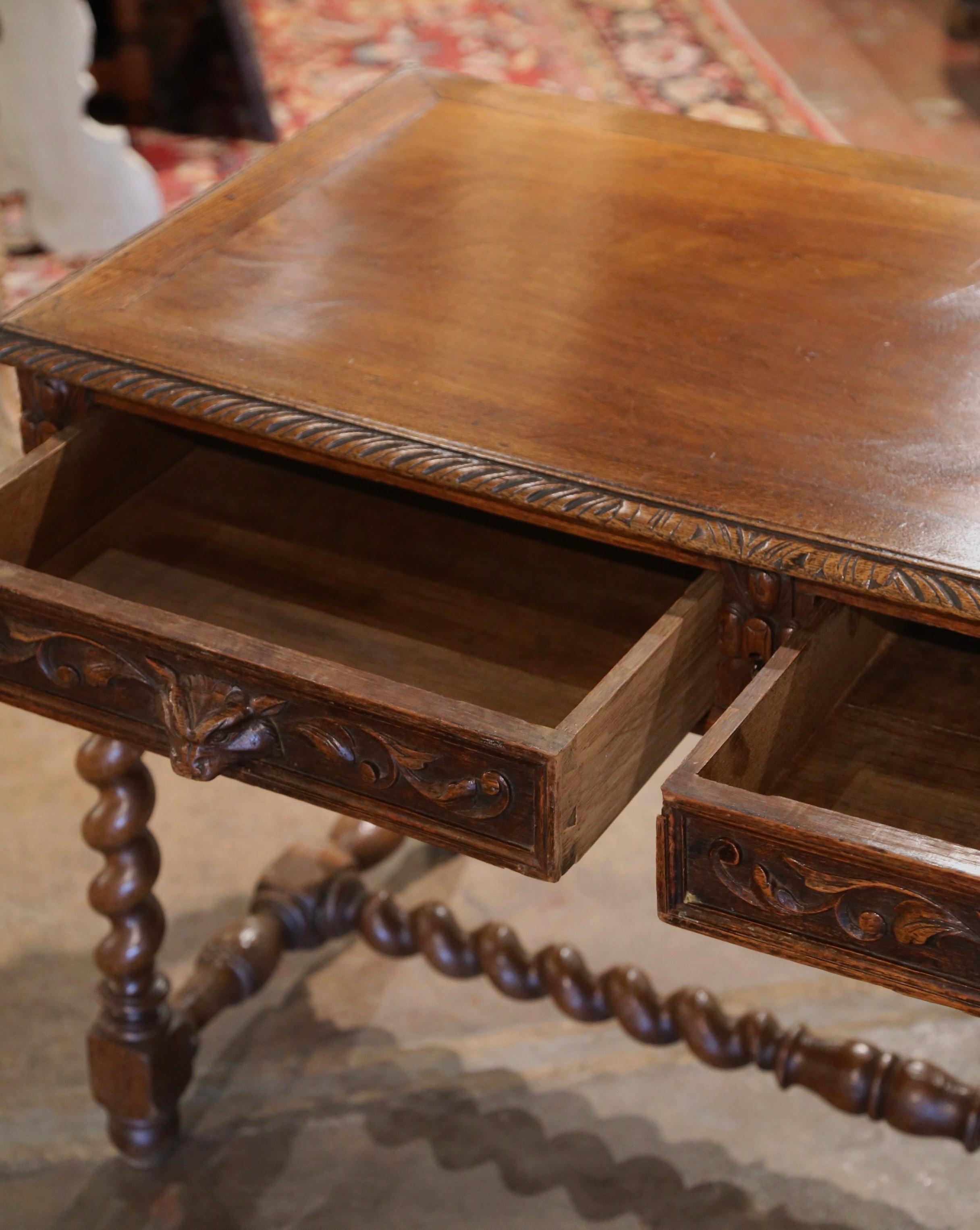 19th Century French Louis XIII Carved Oak Barley Twist Table Desk with Drawers 8