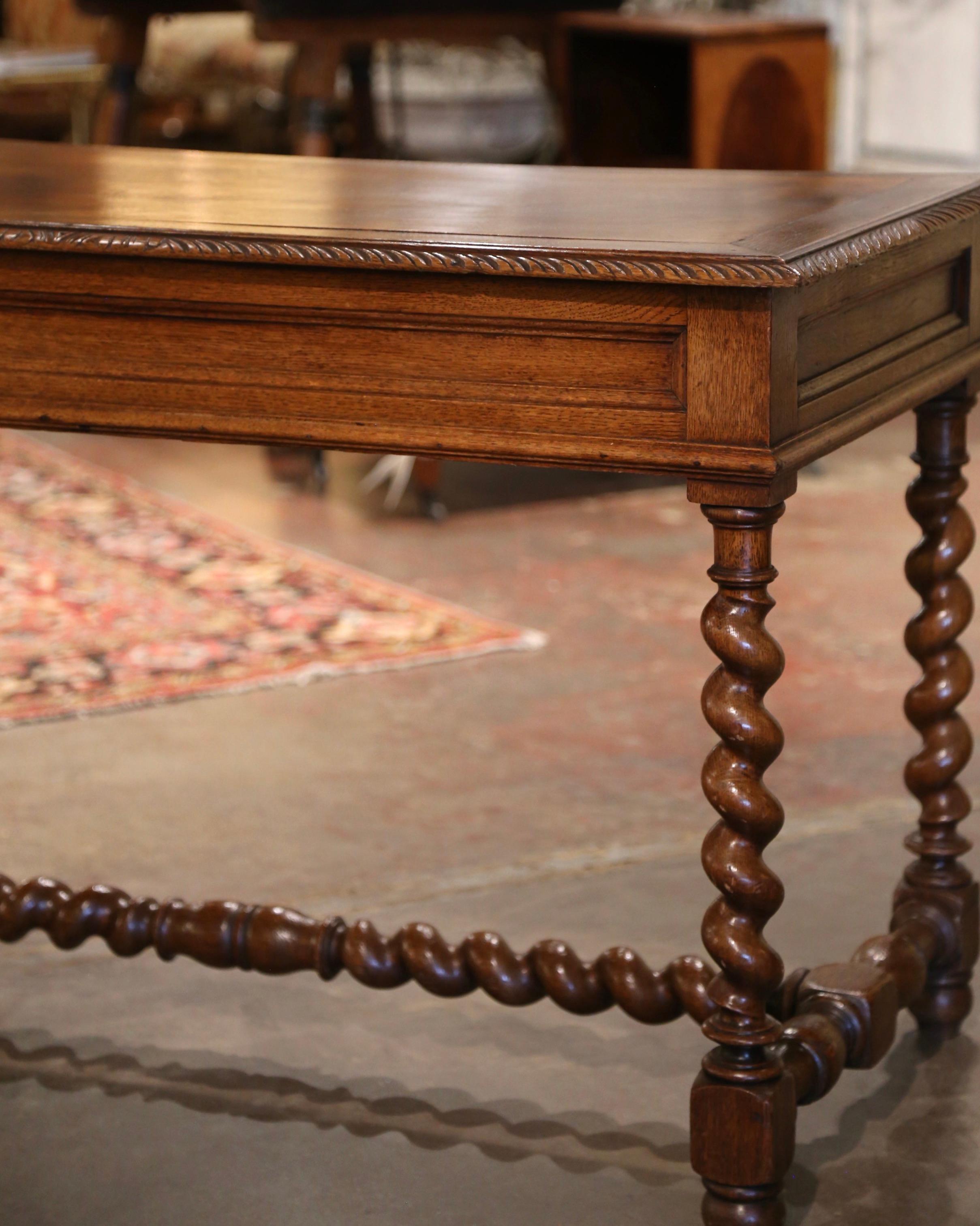 19th Century French Louis XIII Carved Oak Barley Twist Table Desk with Drawers 10