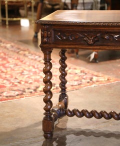 19th Century French Louis XIII Carved Oak Barley Twist Table Desk with Drawers