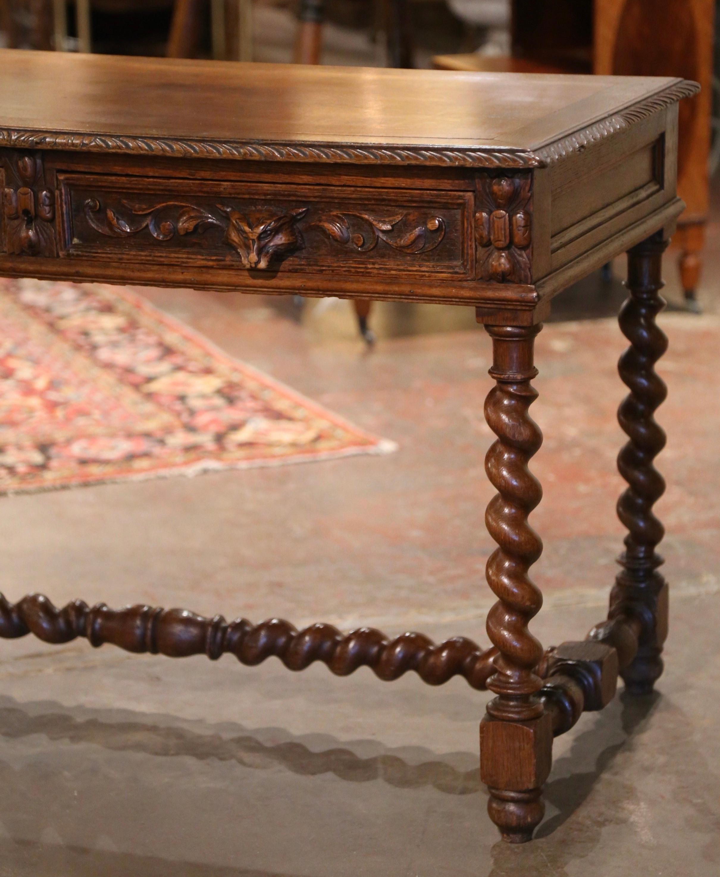 Hand-Carved 19th Century French Louis XIII Carved Oak Barley Twist Table Desk with Drawers
