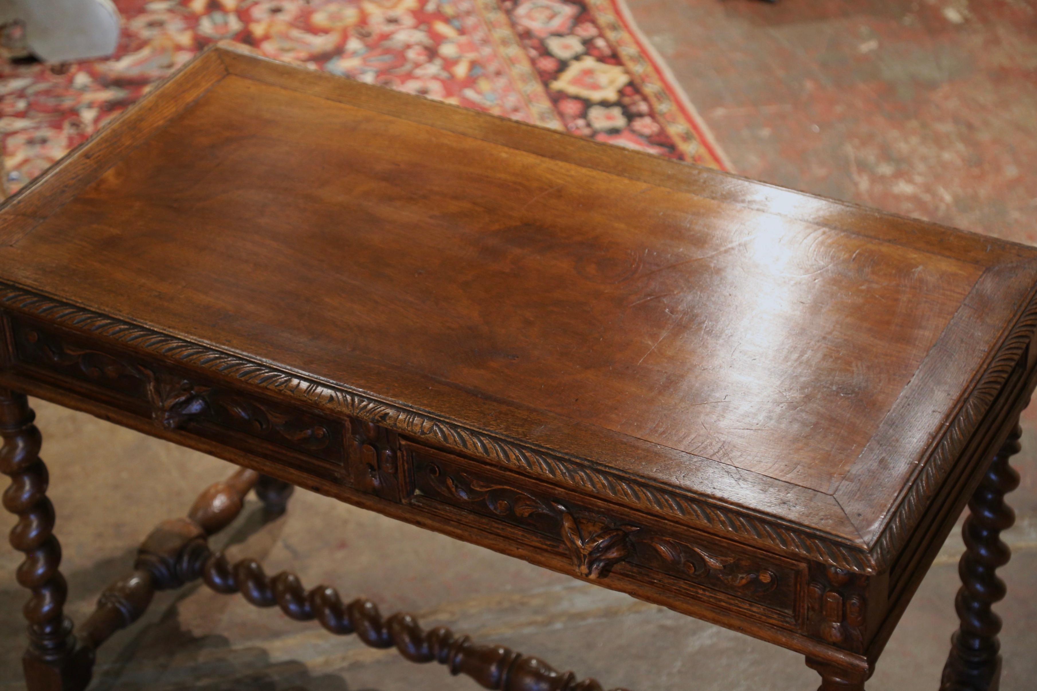 19th Century French Louis XIII Carved Oak Barley Twist Table Desk with Drawers In Excellent Condition In Dallas, TX