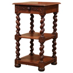19th Century French Louis XIII Carved Oak Barley Twist Three-Tier Side Table