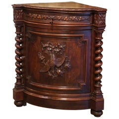 19th Century French Louis XIII Carved Oak Bombe Hunt Corner Cabinet w/ Bird