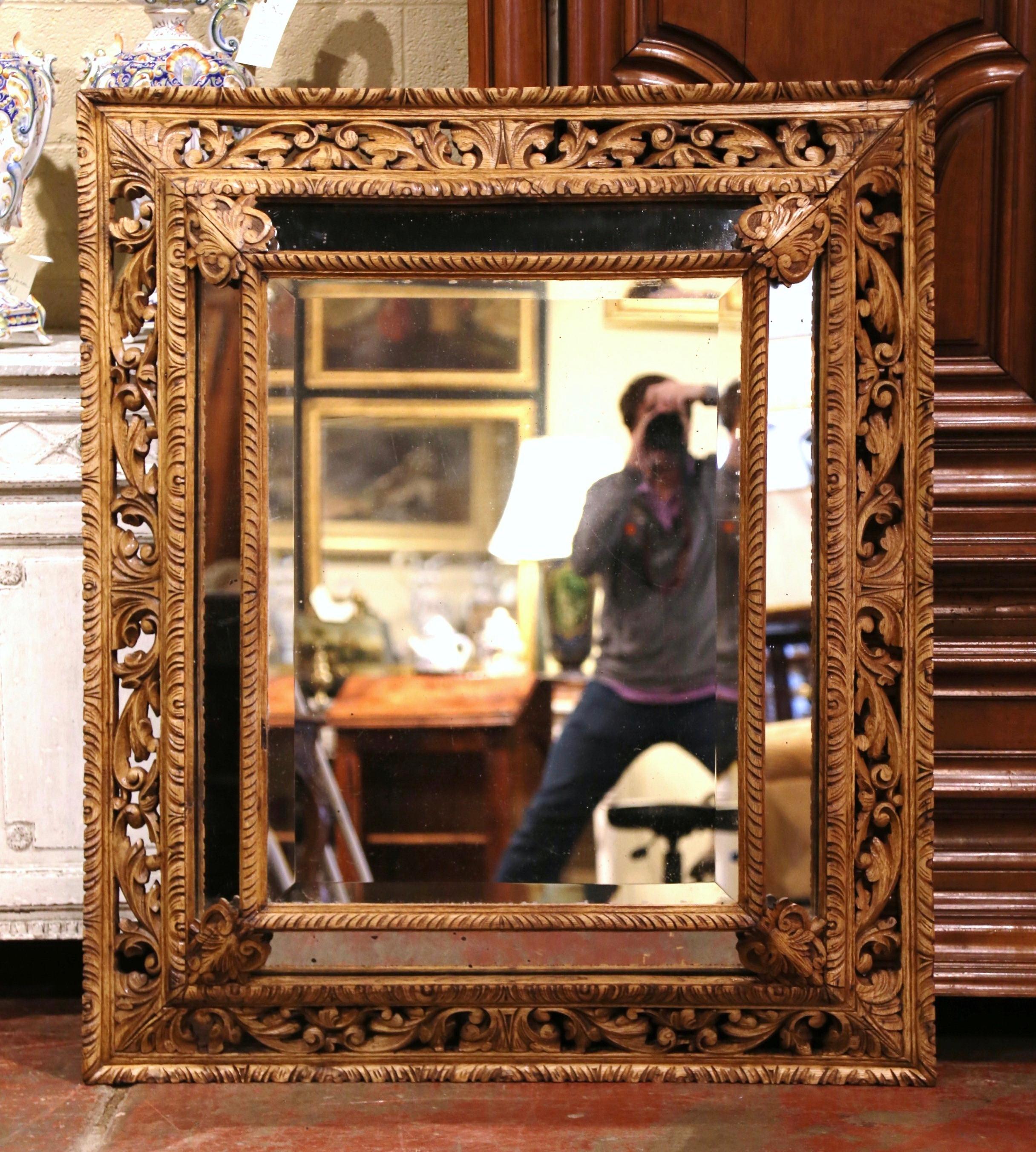 Hand-Carved 19th Century French Louis XIII Carved Oak Overlay Wall Beveled Mirror