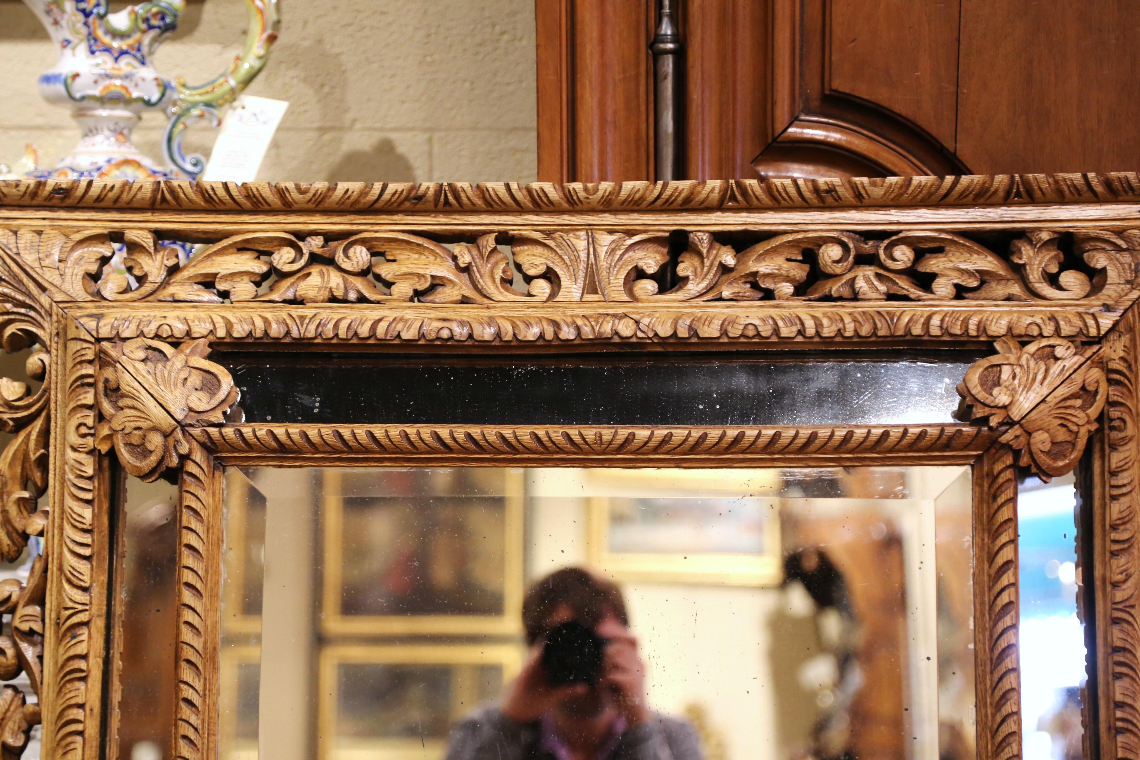 19th Century French Louis XIII Carved Oak Overlay Wall Beveled Mirror 1
