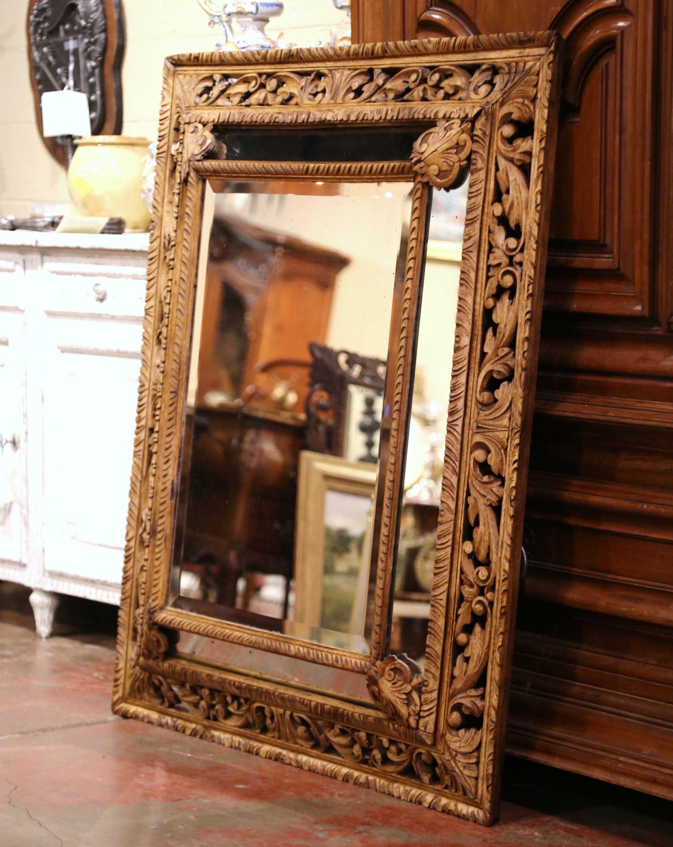 19th Century French Louis XIII Carved Oak Overlay Wall Beveled Mirror 3