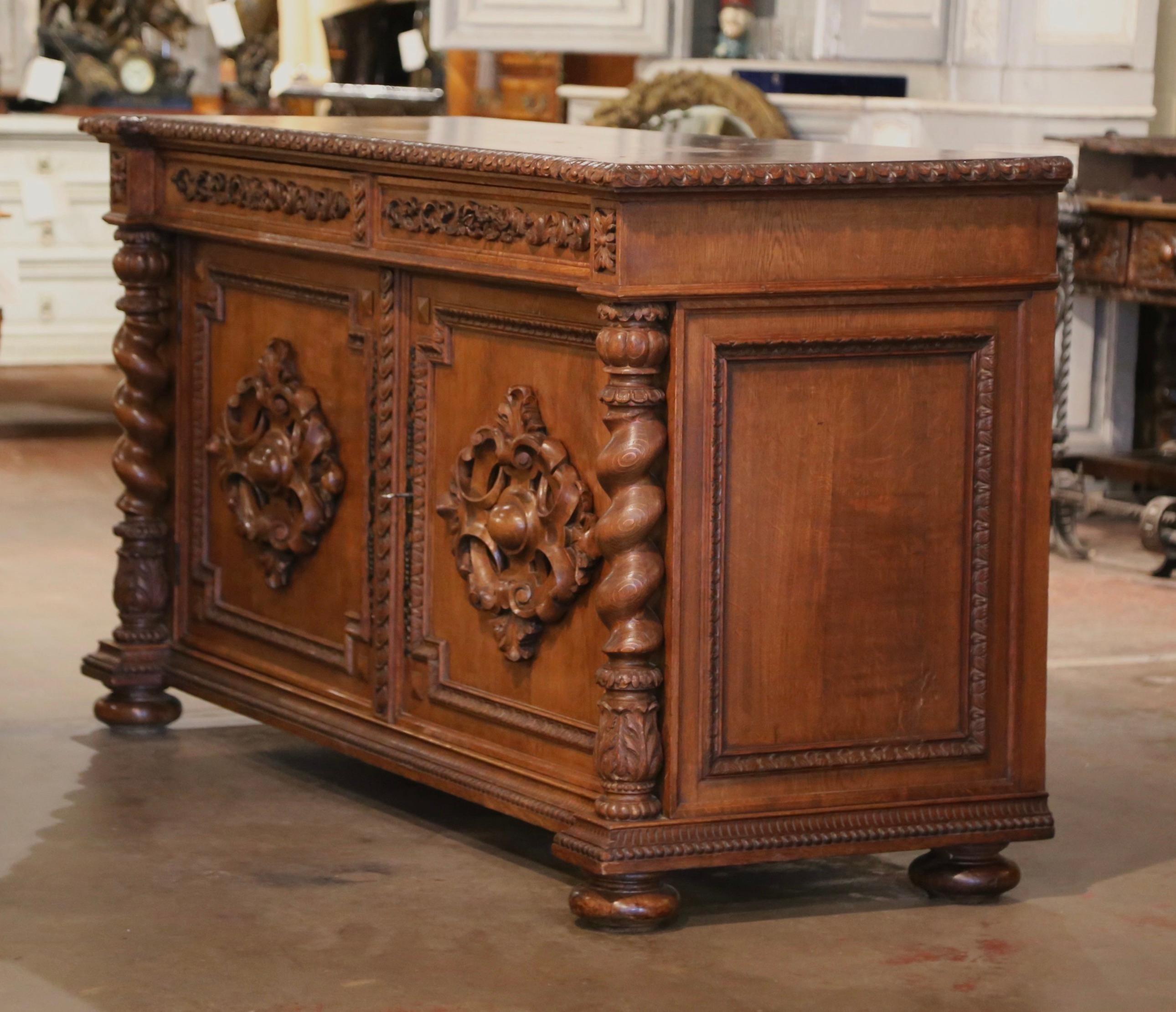 19th Century French Louis XIII Carved Oak Parquet Top Two-Door Buffet  For Sale 9