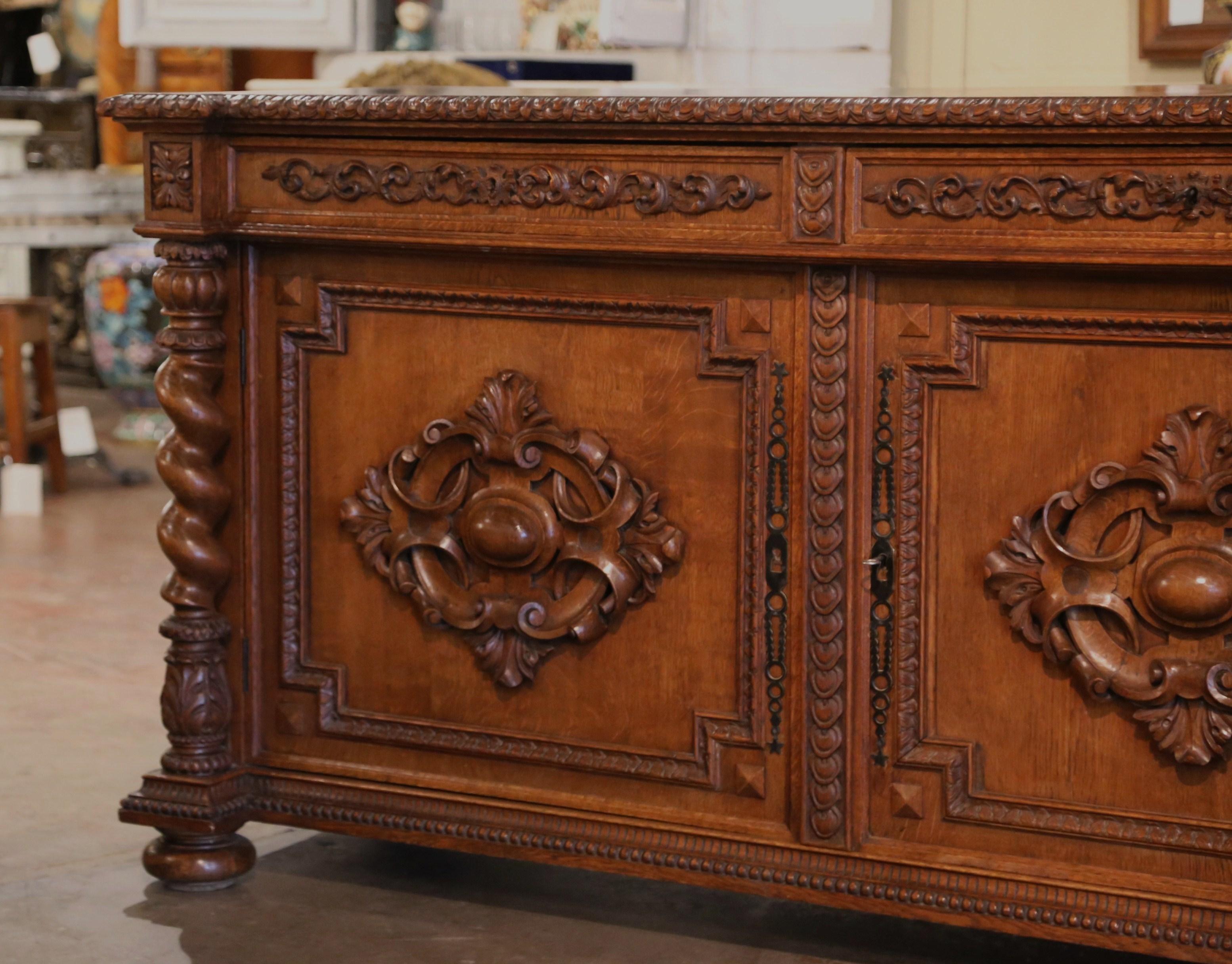 19th Century French Louis XIII Carved Oak Parquet Top Two-Door Buffet  In Excellent Condition For Sale In Dallas, TX