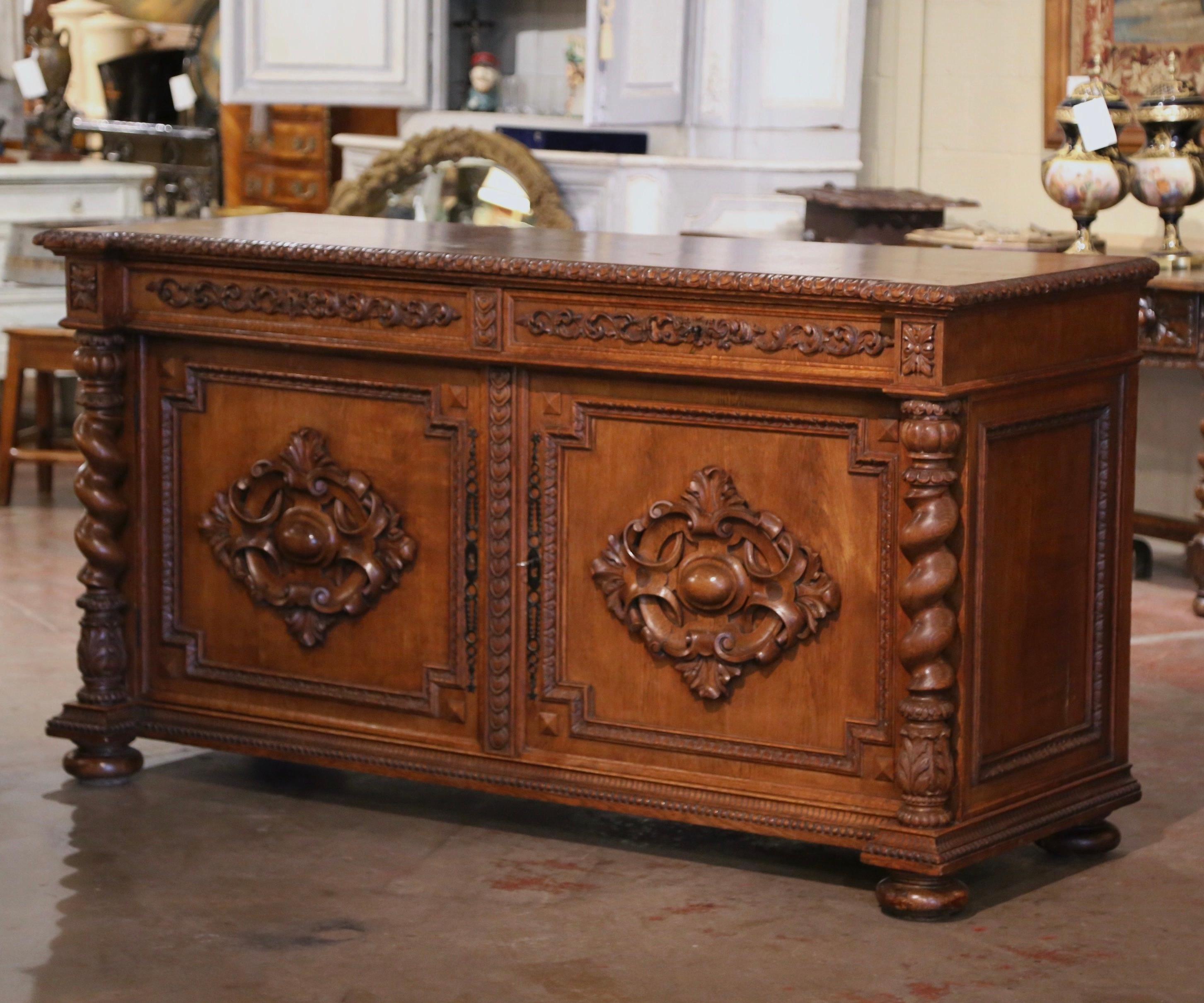 19th Century French Louis XIII Carved Oak Parquet Top Two-Door Buffet  For Sale 2