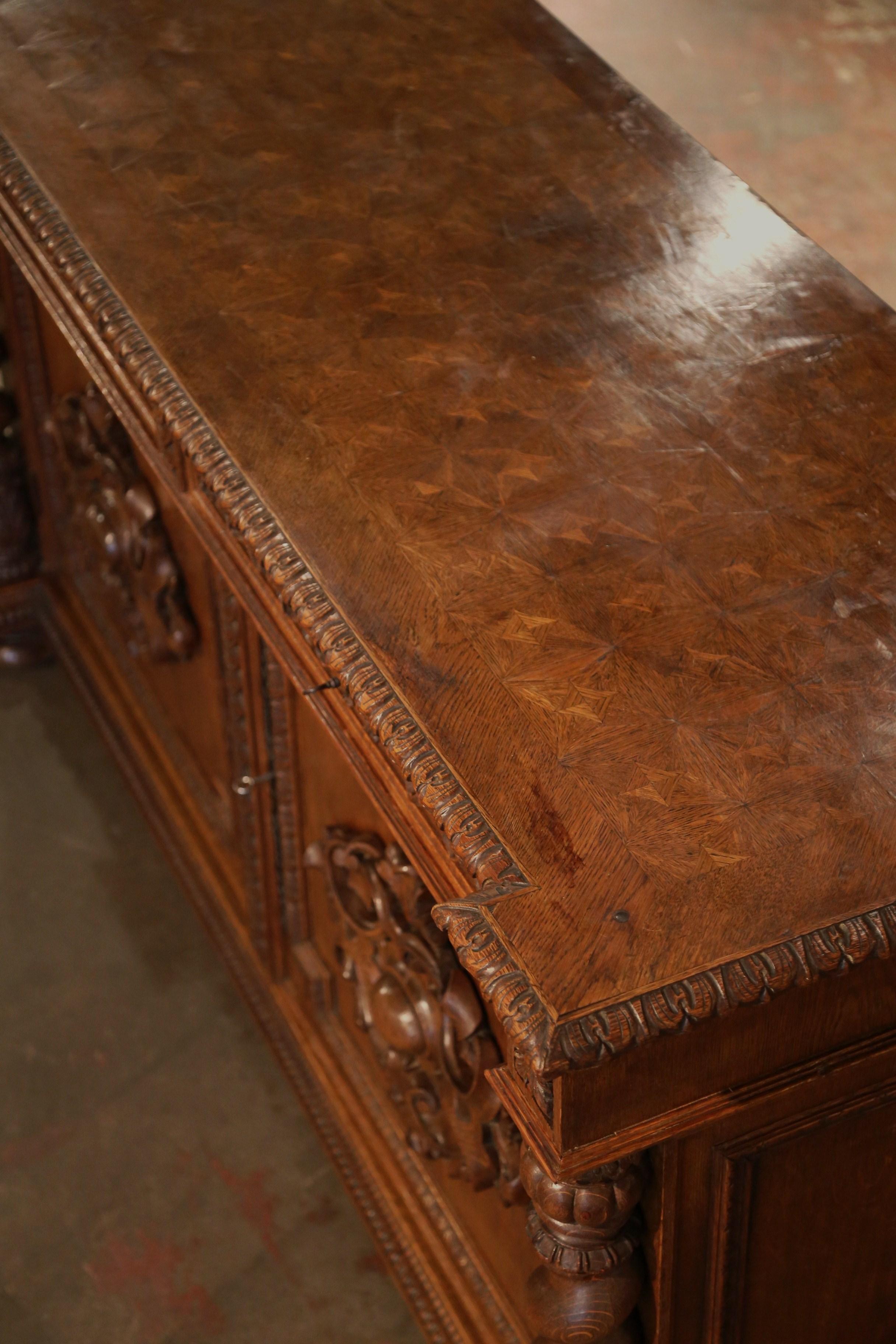19th Century French Louis XIII Carved Oak Parquet Top Two-Door Buffet  For Sale 3
