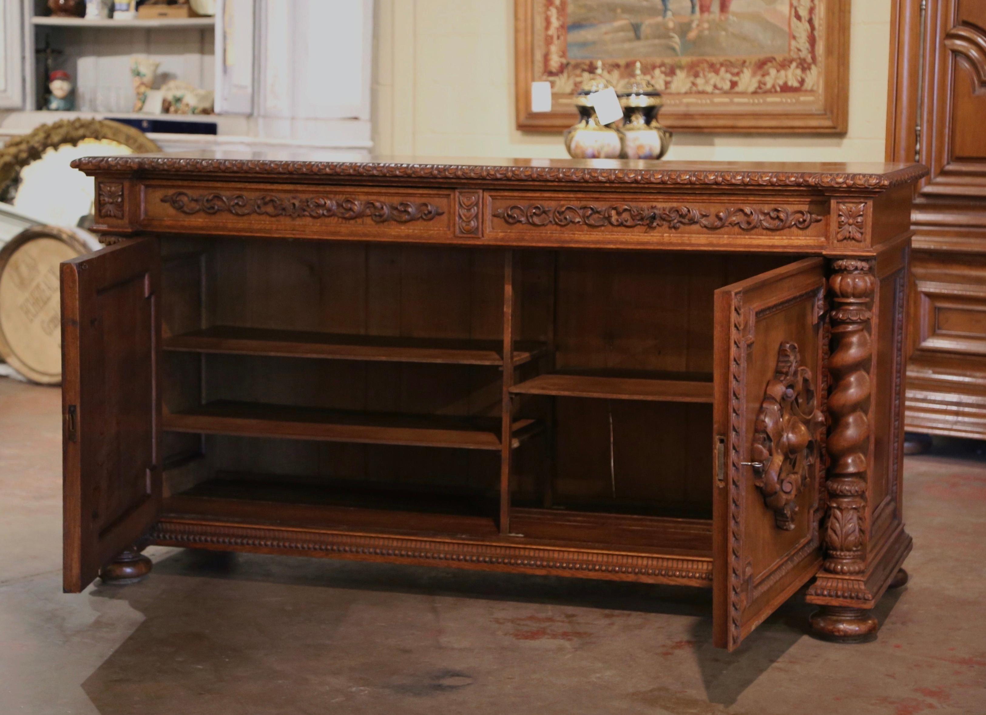 19th Century French Louis XIII Carved Oak Parquet Top Two-Door Buffet  For Sale 4