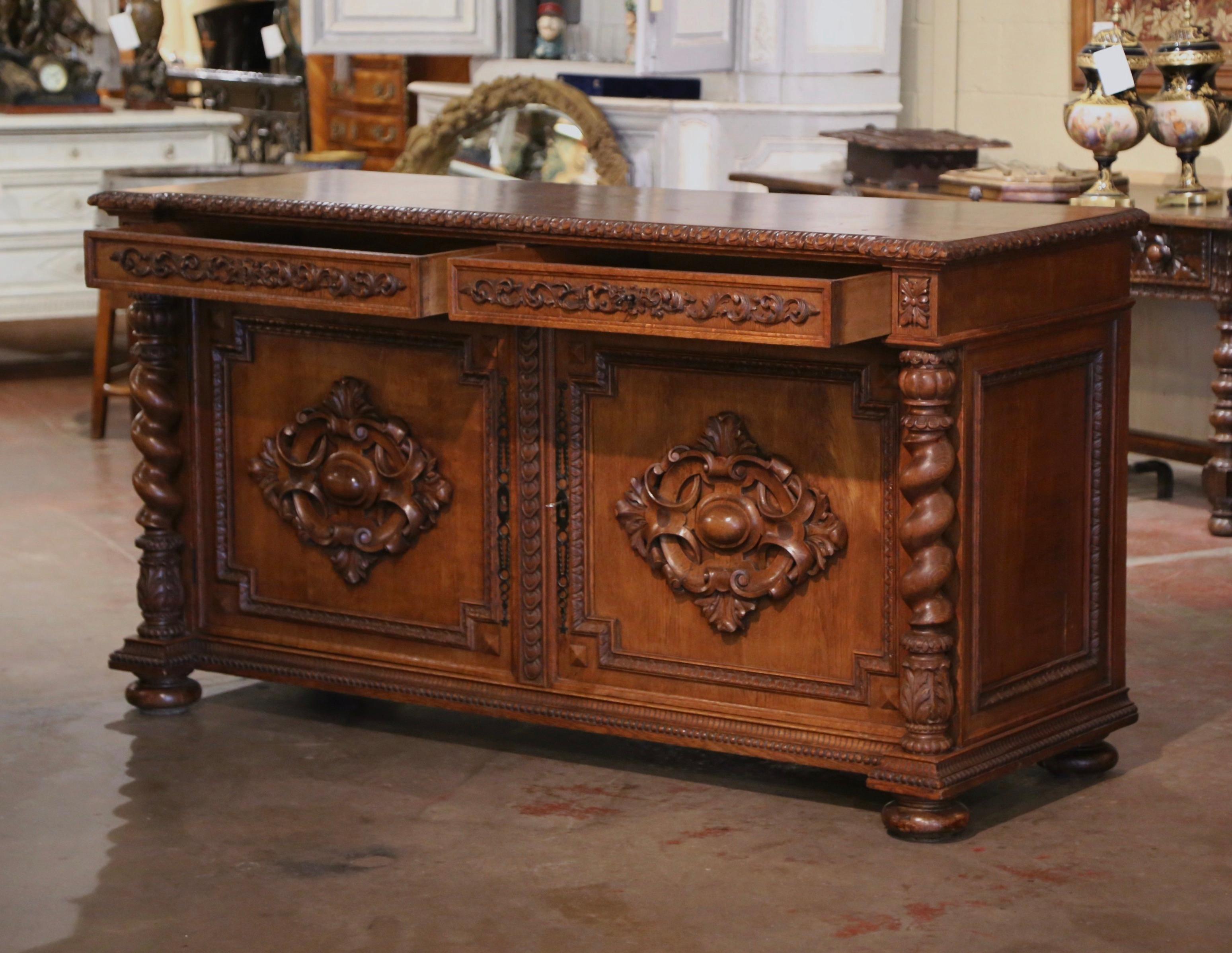 19th Century French Louis XIII Carved Oak Parquet Top Two-Door Buffet  For Sale 5