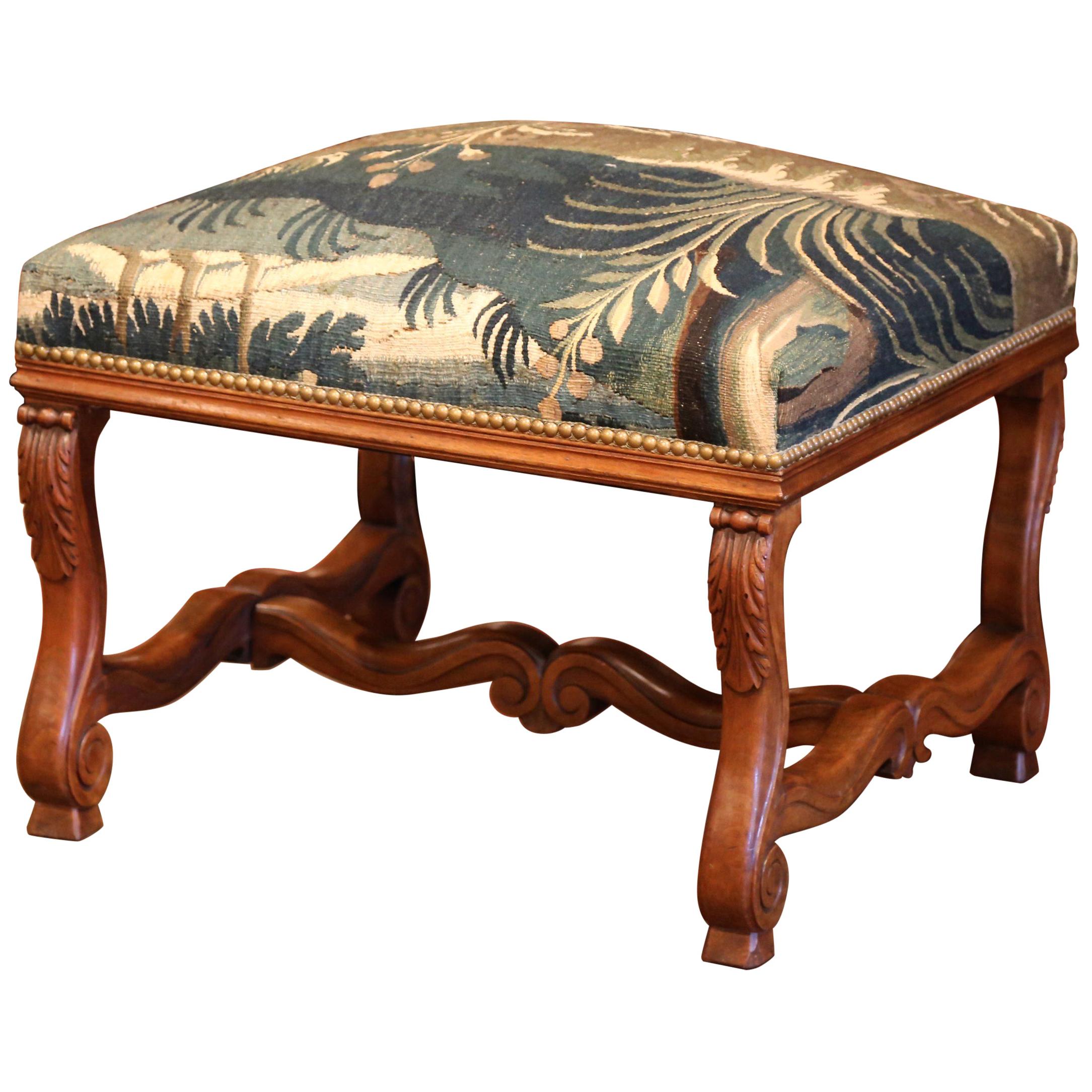 19th Century French Louis XIII Carved Walnut and Aubusson Tapestry Stool