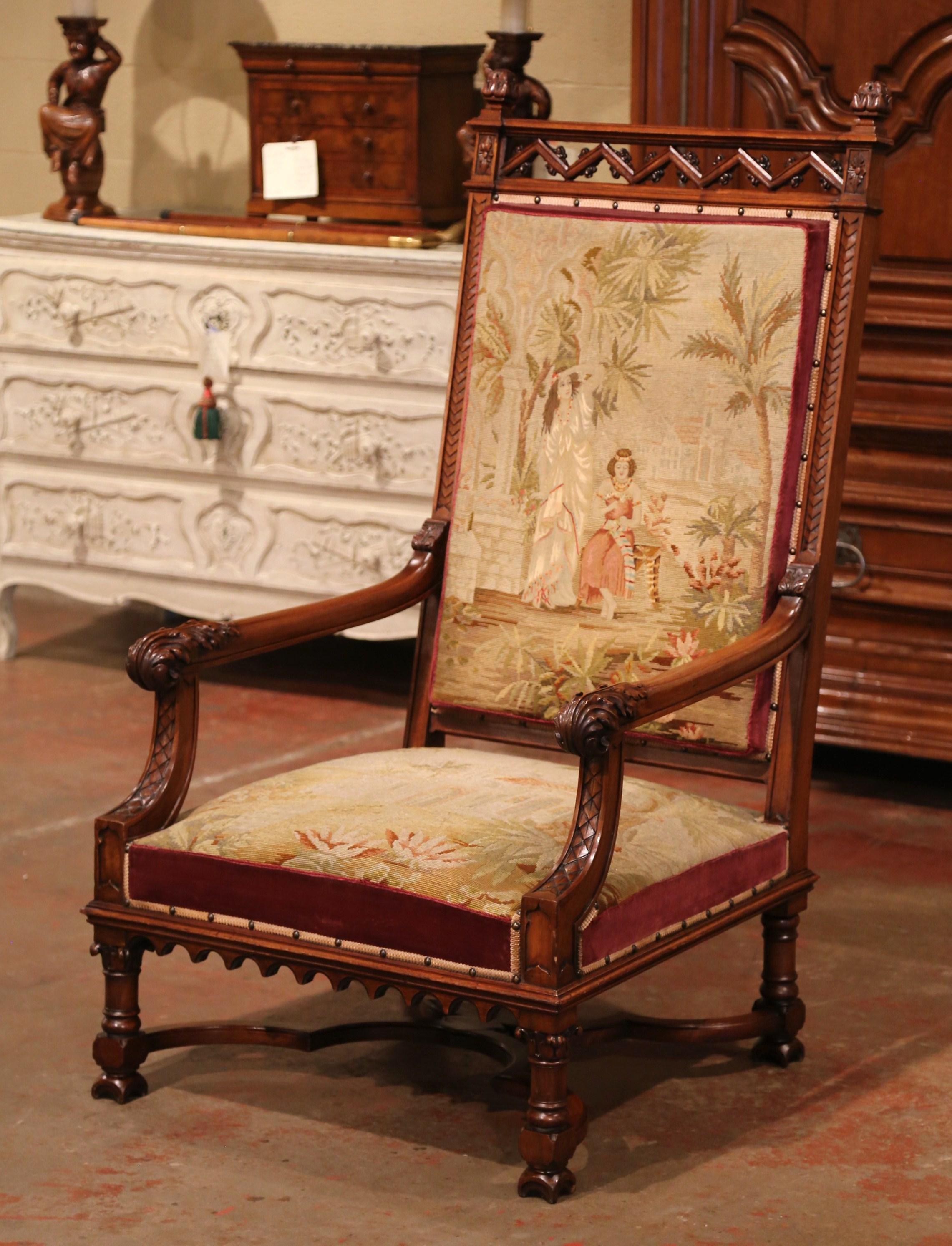 19th Century French Louis XIII Carved Walnut and Needlepoint Tapestry Armchair In Excellent Condition In Dallas, TX