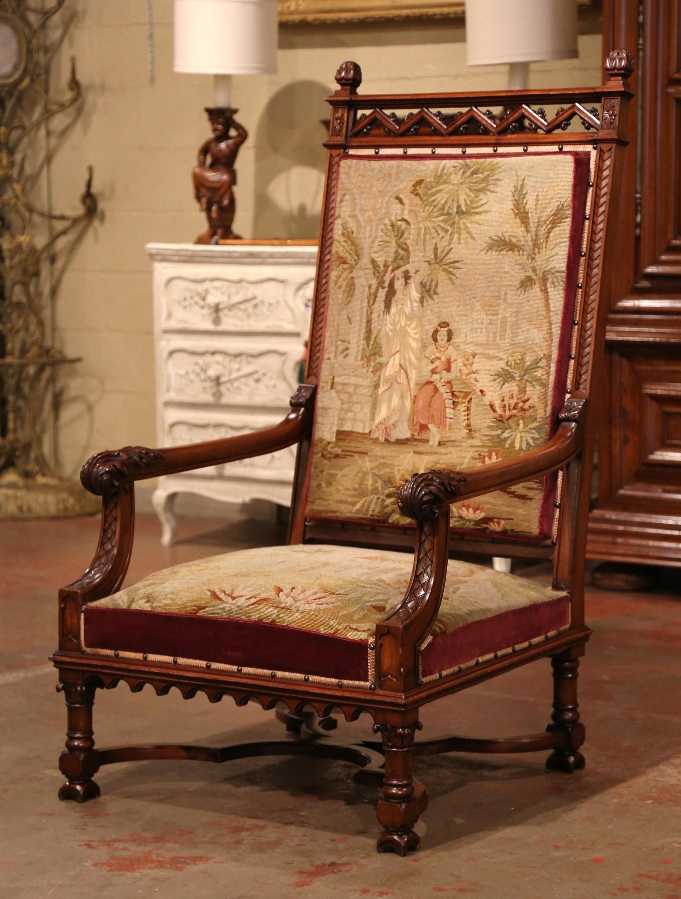 19th Century French Louis XIII Carved Walnut and Needlepoint Tapestry Armchair 2