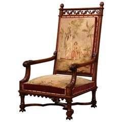 19th Century French Louis XIII Carved Walnut and Needlepoint Tapestry Armchair