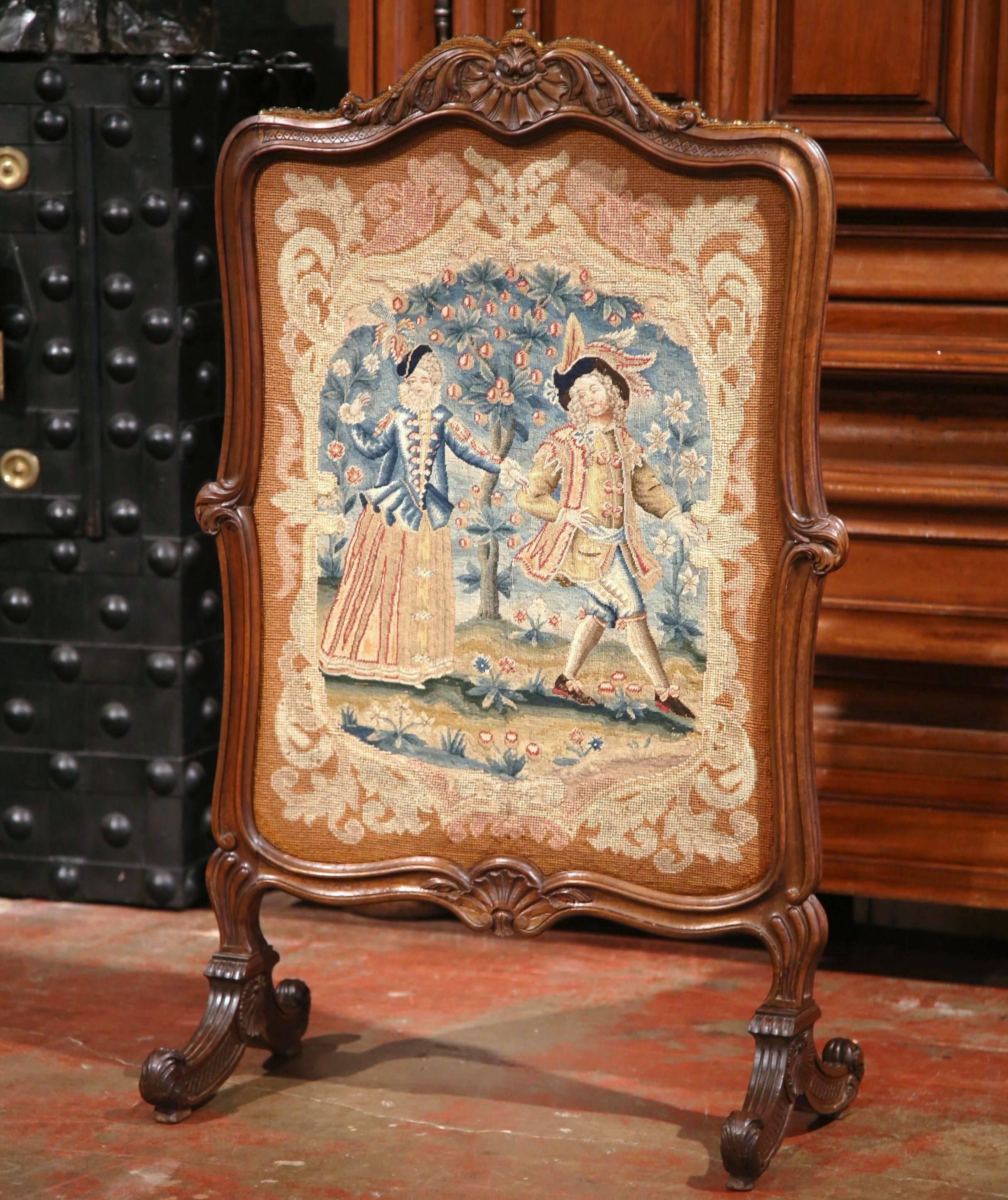 19th Century French Louis XIII Carved Walnut and Tapestry Fireplace Screen In Excellent Condition In Dallas, TX