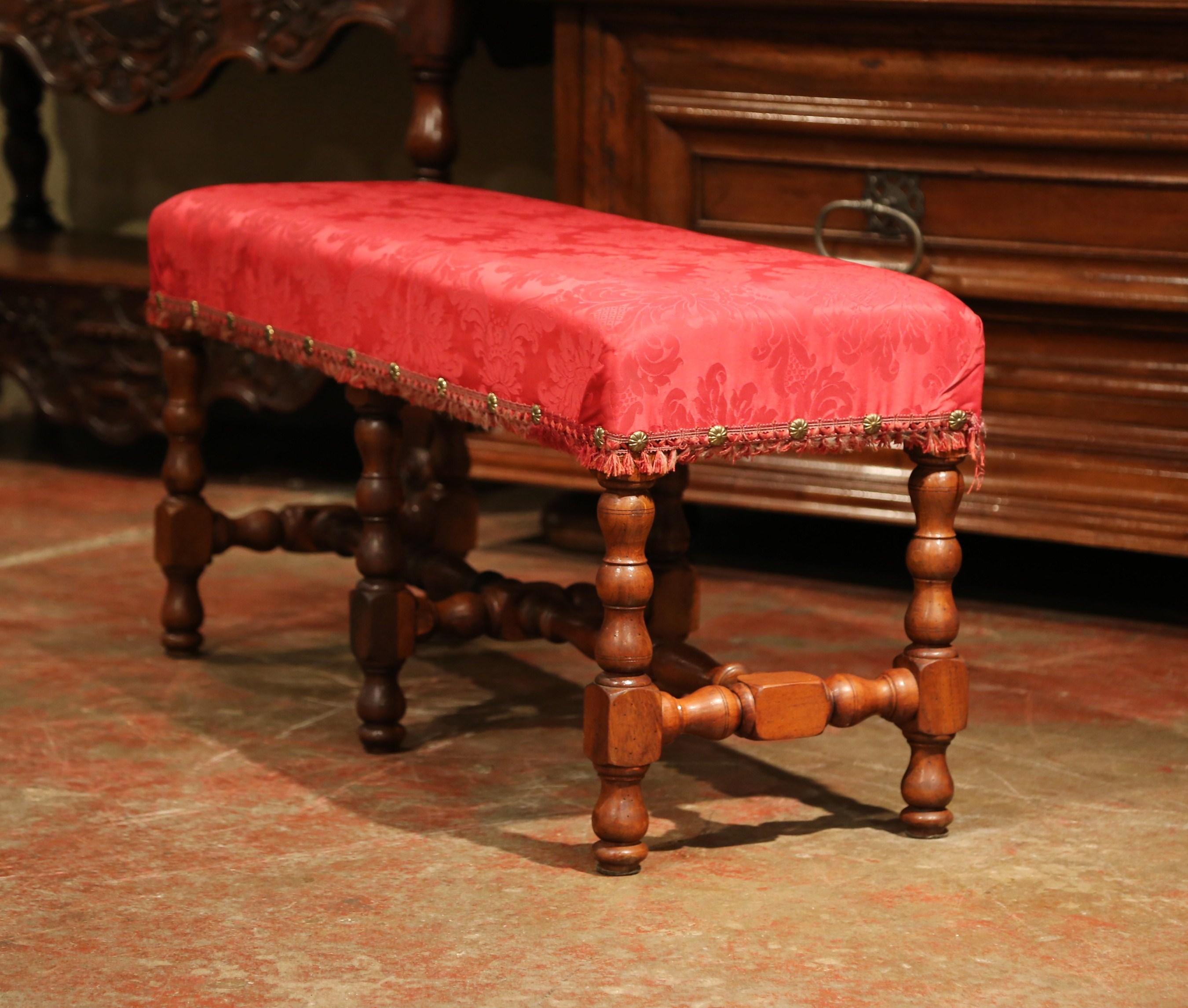 Hand-Carved 19th Century French Louis XIII Carved Walnut Bench with Red Silk Upholstery