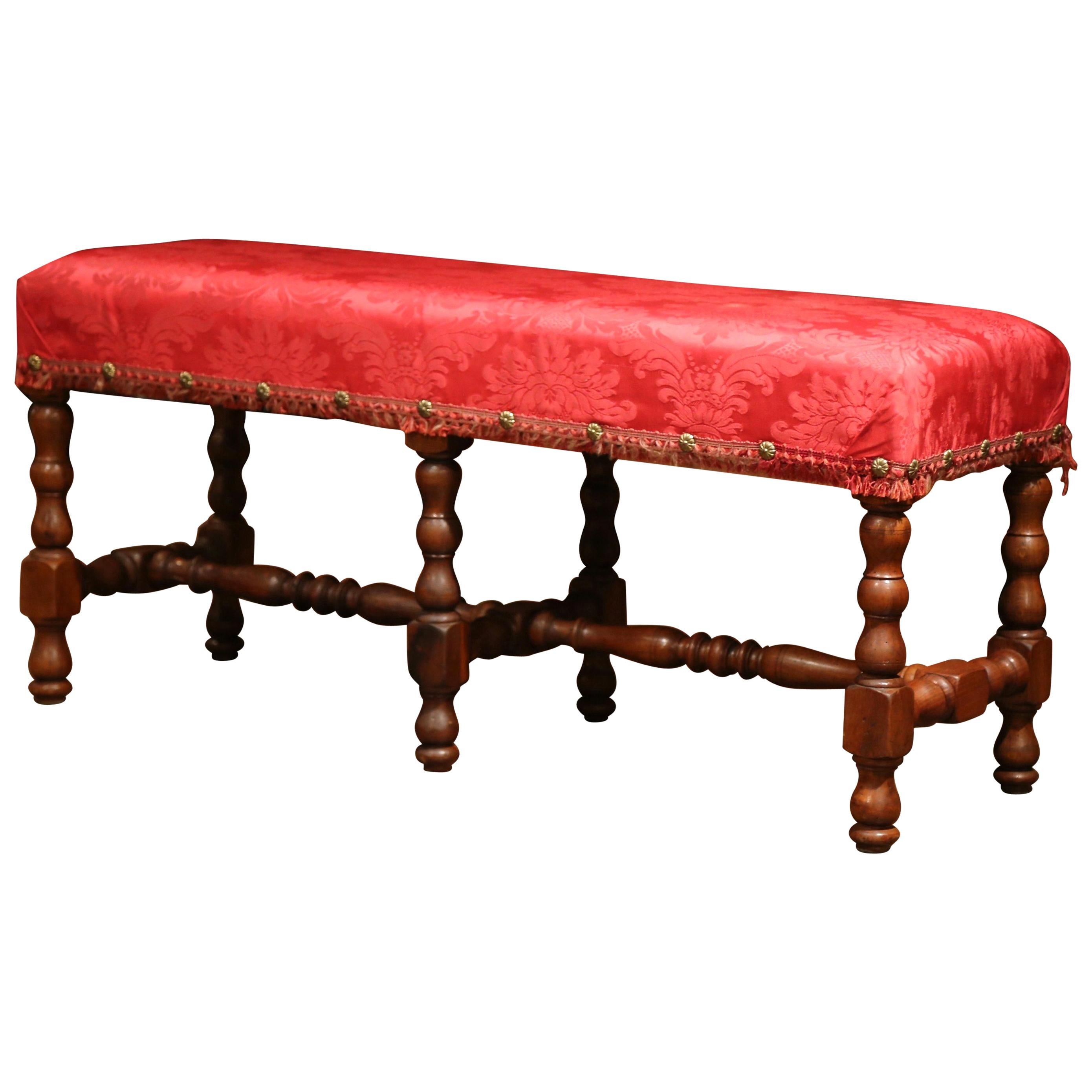 19th Century French Louis XIII Carved Walnut Bench with Red Silk Upholstery