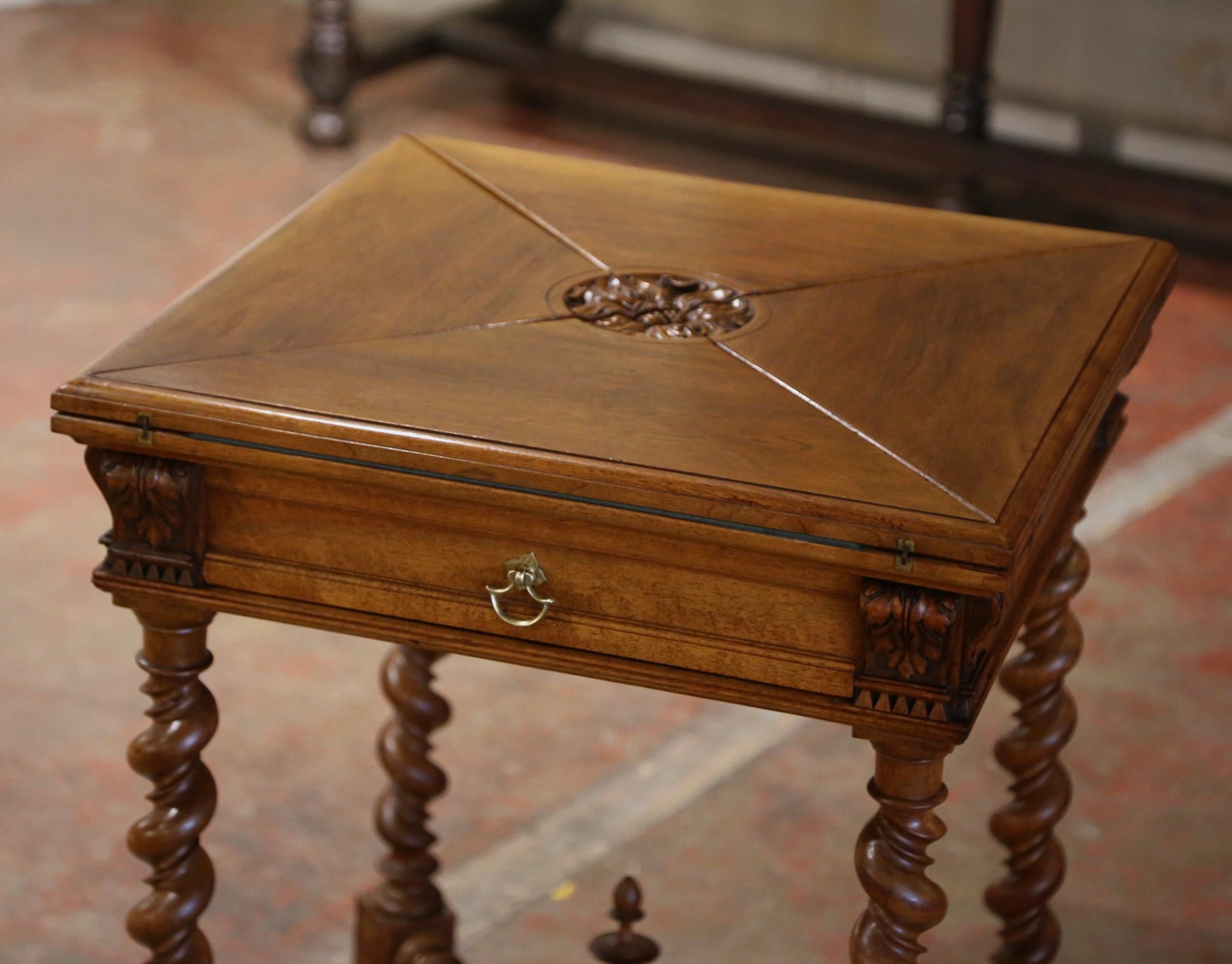 Hand-Carved 19th Century French Louis XIII Carved Walnut Envelope Folding Card Game Table For Sale