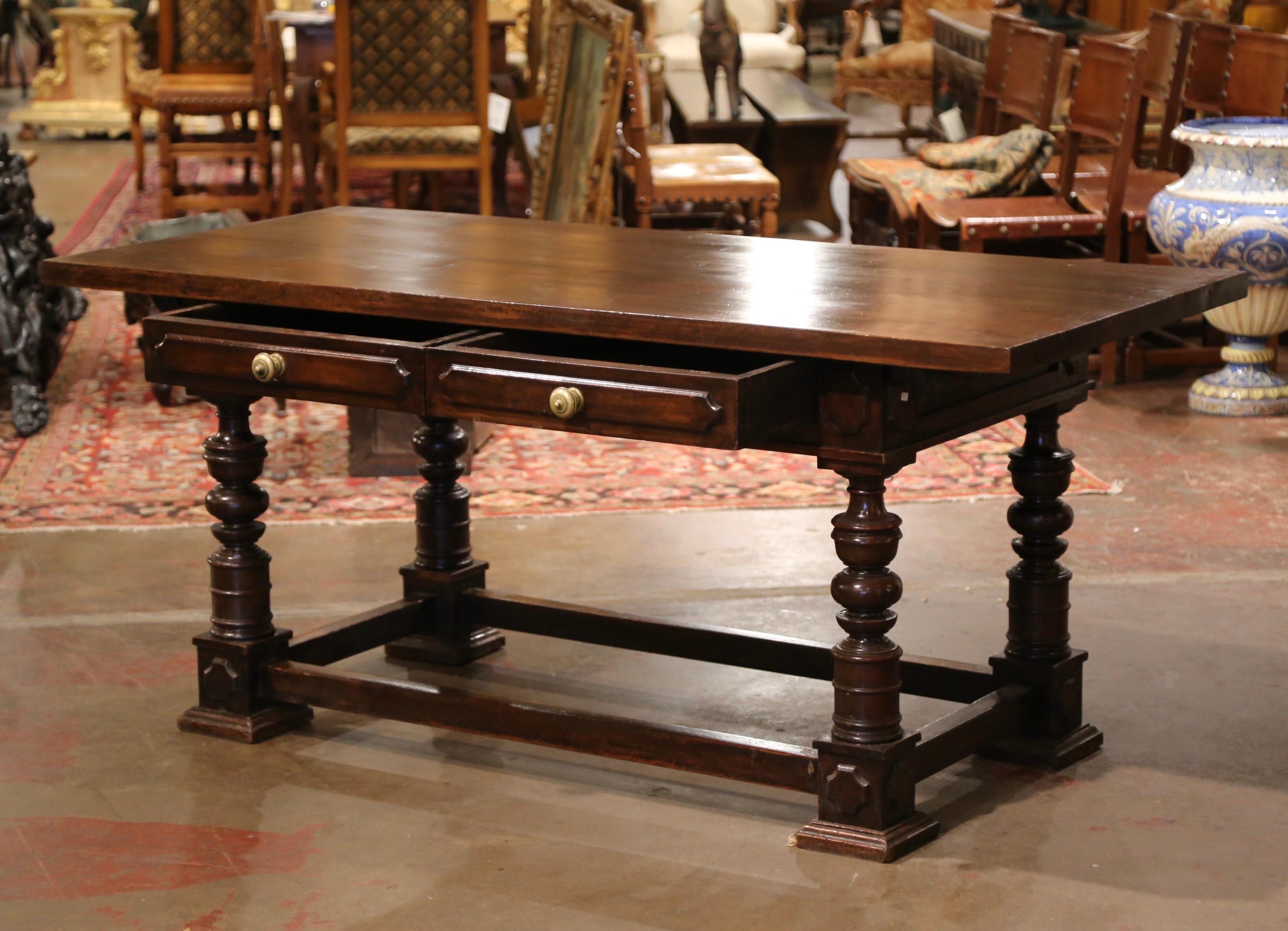 19th Century French Louis XIII Carved Walnut Library Writing Desk with Drawers 2