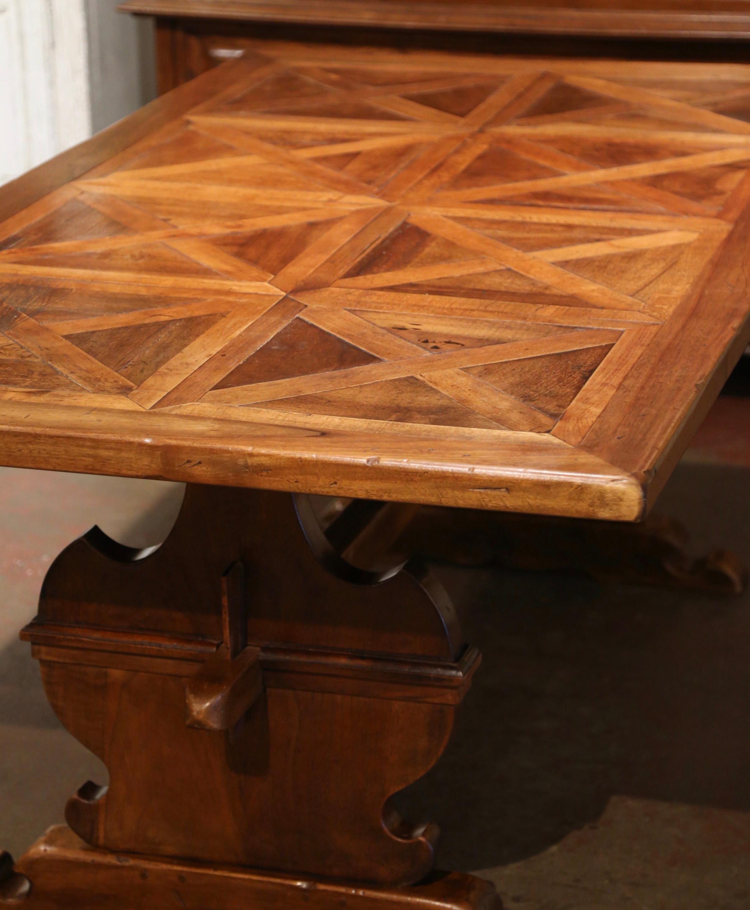 19th Century French Louis XIII Carved Walnut Parquet Top Trestle Dining Table 4