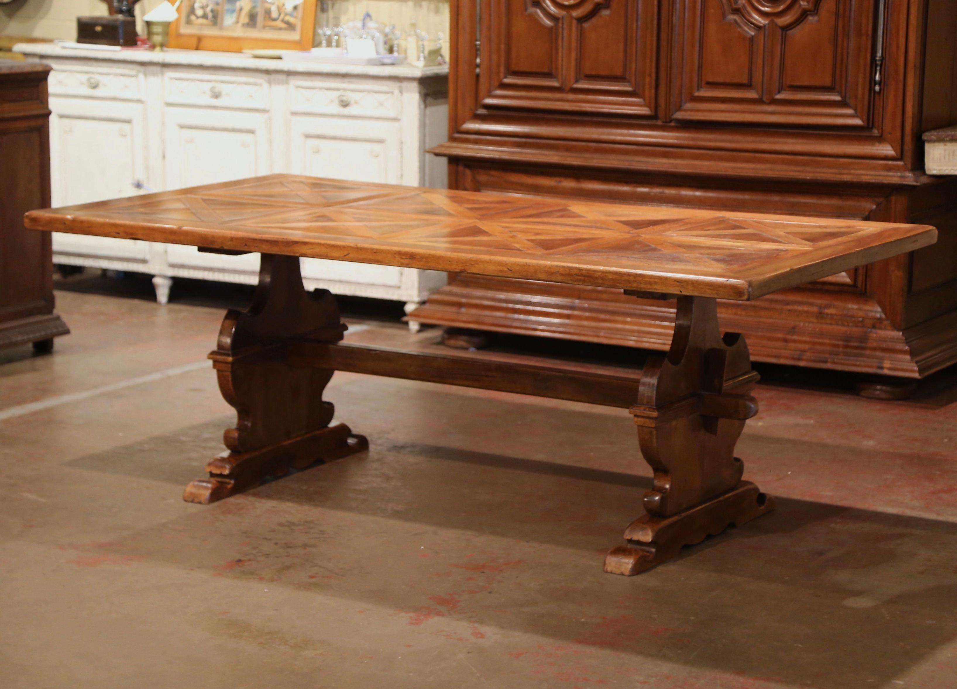 Hand-Carved 19th Century French Louis XIII Carved Walnut Parquet Top Trestle Dining Table