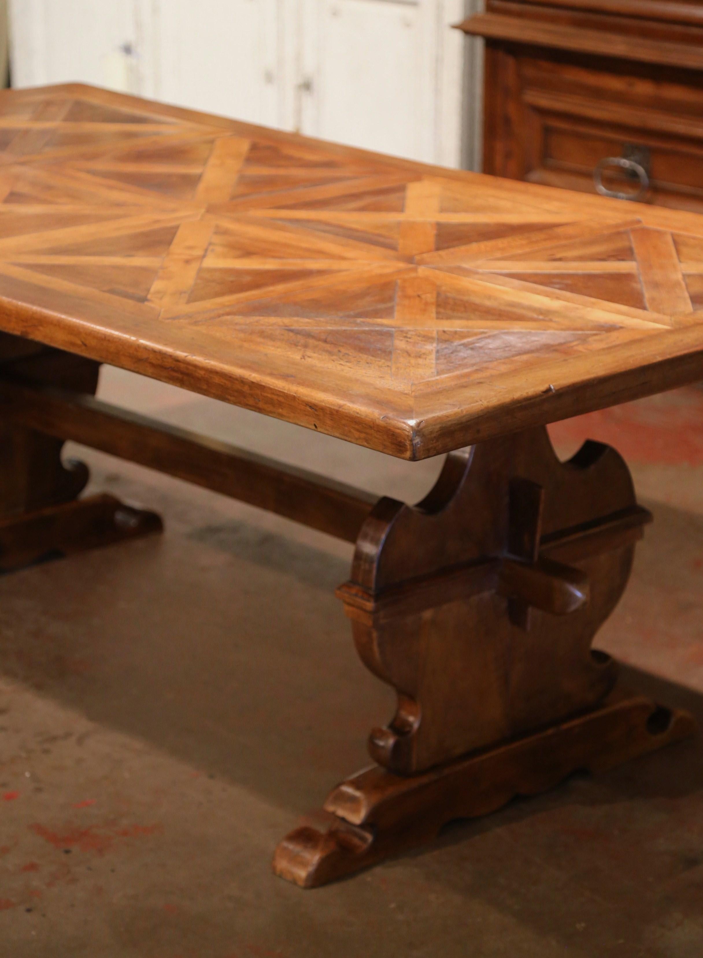 19th Century French Louis XIII Carved Walnut Parquet Top Trestle Dining Table In Excellent Condition In Dallas, TX