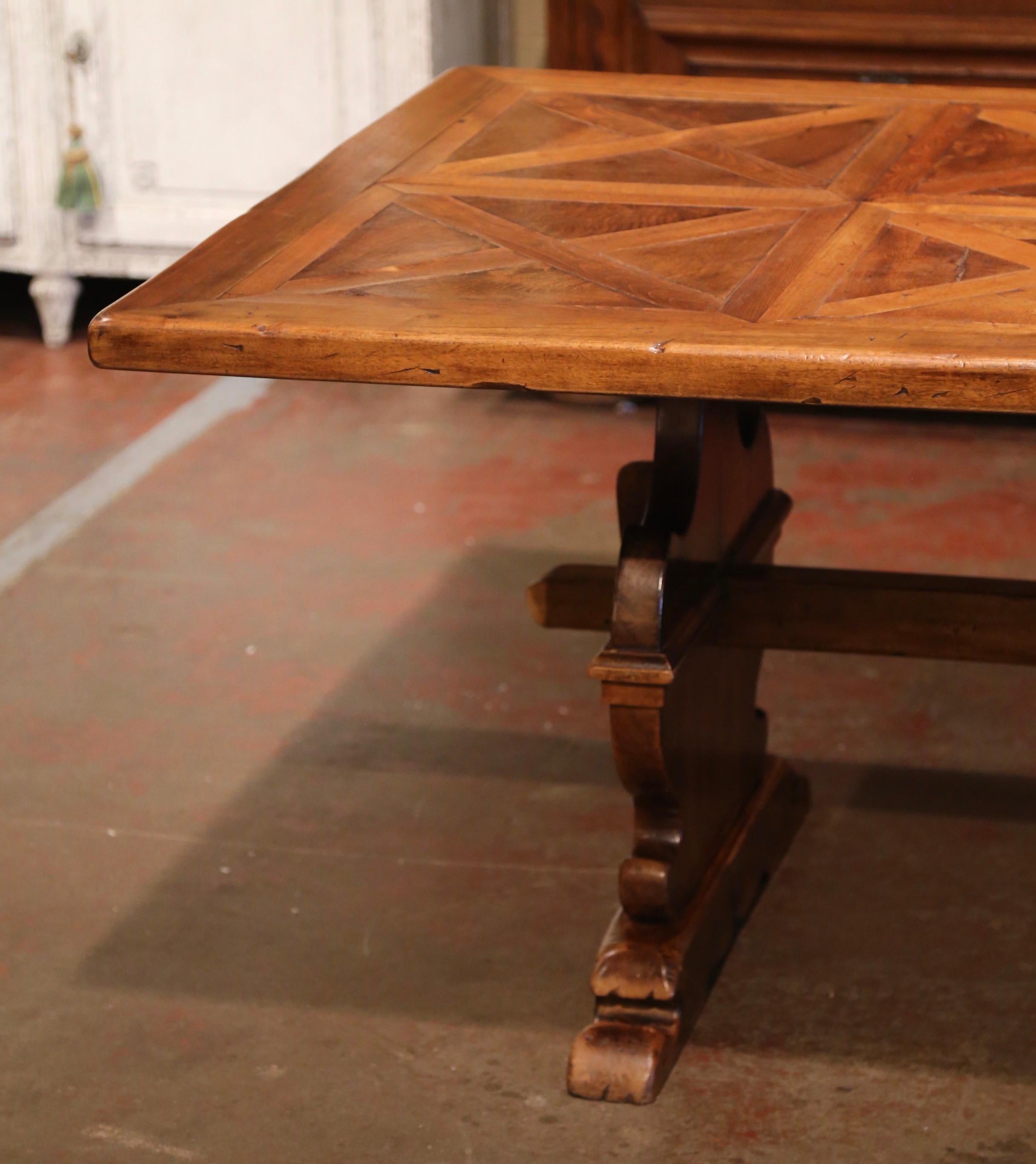 19th Century French Louis XIII Carved Walnut Parquet Top Trestle Dining Table 1