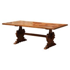 19th Century French Louis XIII Carved Walnut Parquet Top Trestle Dining Table
