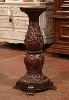 19th Century French Louis XIII Carved Walnut Pedestal Column from Normandy