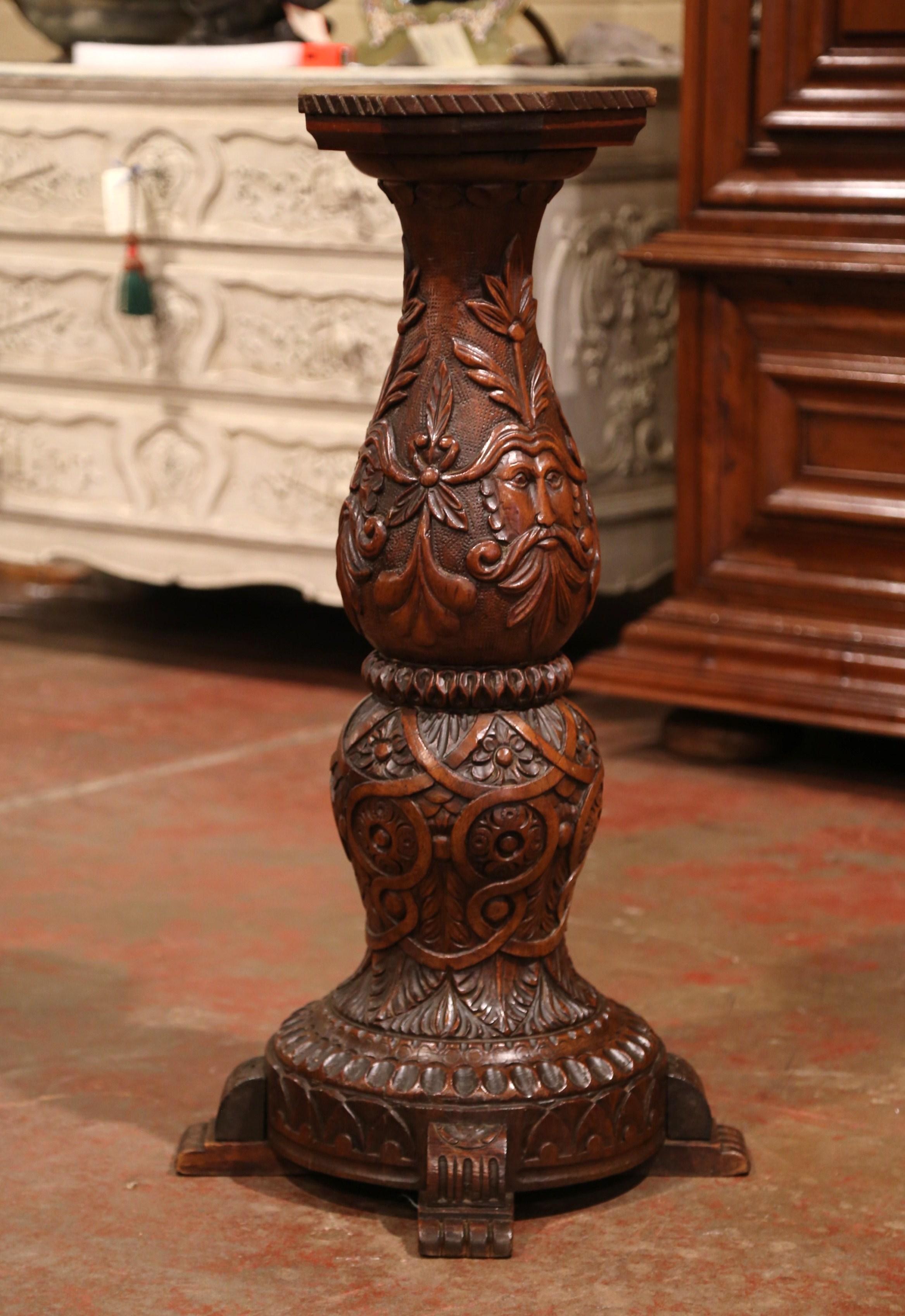 Patinated 19th Century French Louis XIII Carved Walnut Pedestal Column from Normandy