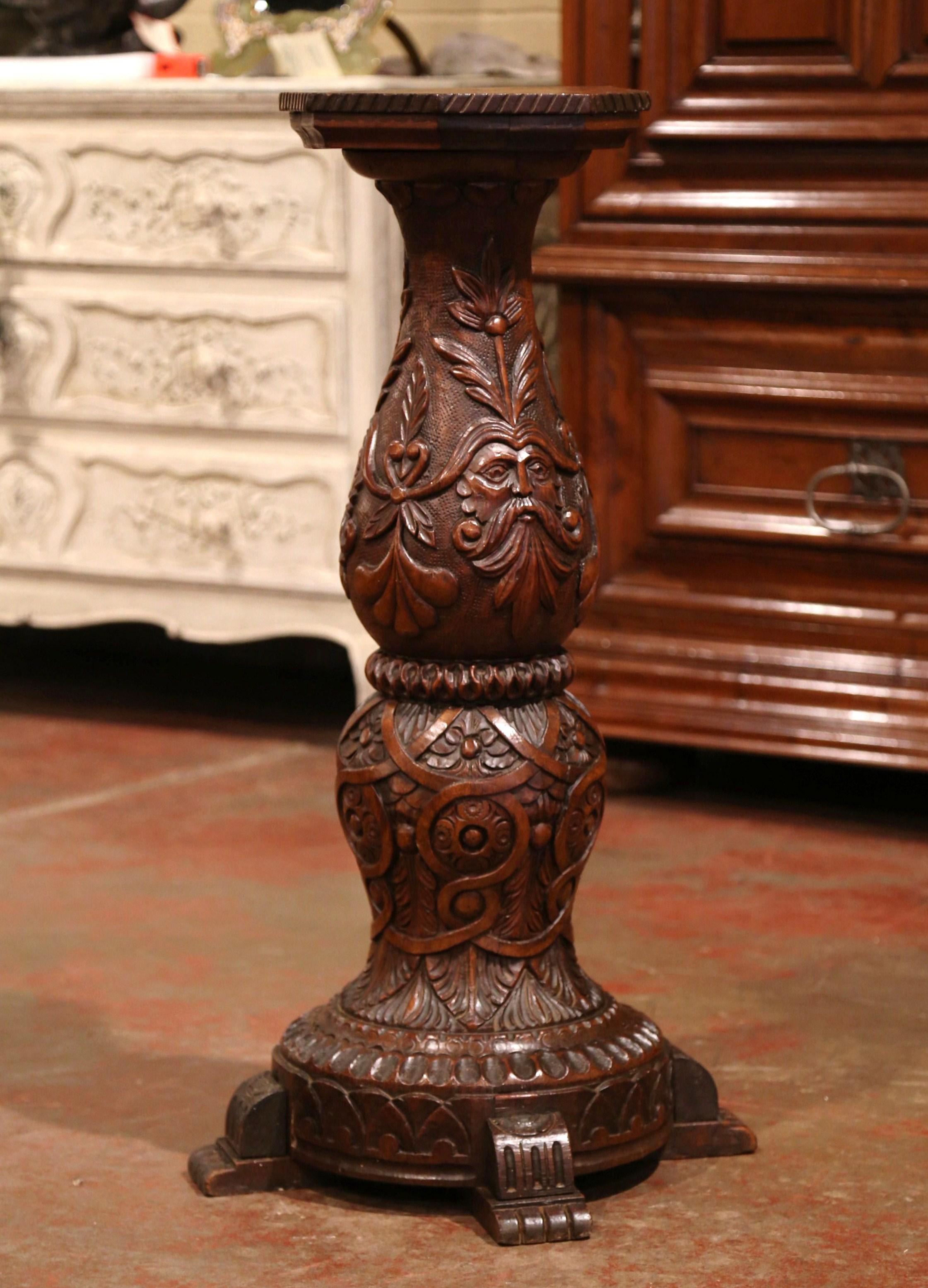 19th Century French Louis XIII Carved Walnut Pedestal Column from Normandy In Excellent Condition In Dallas, TX