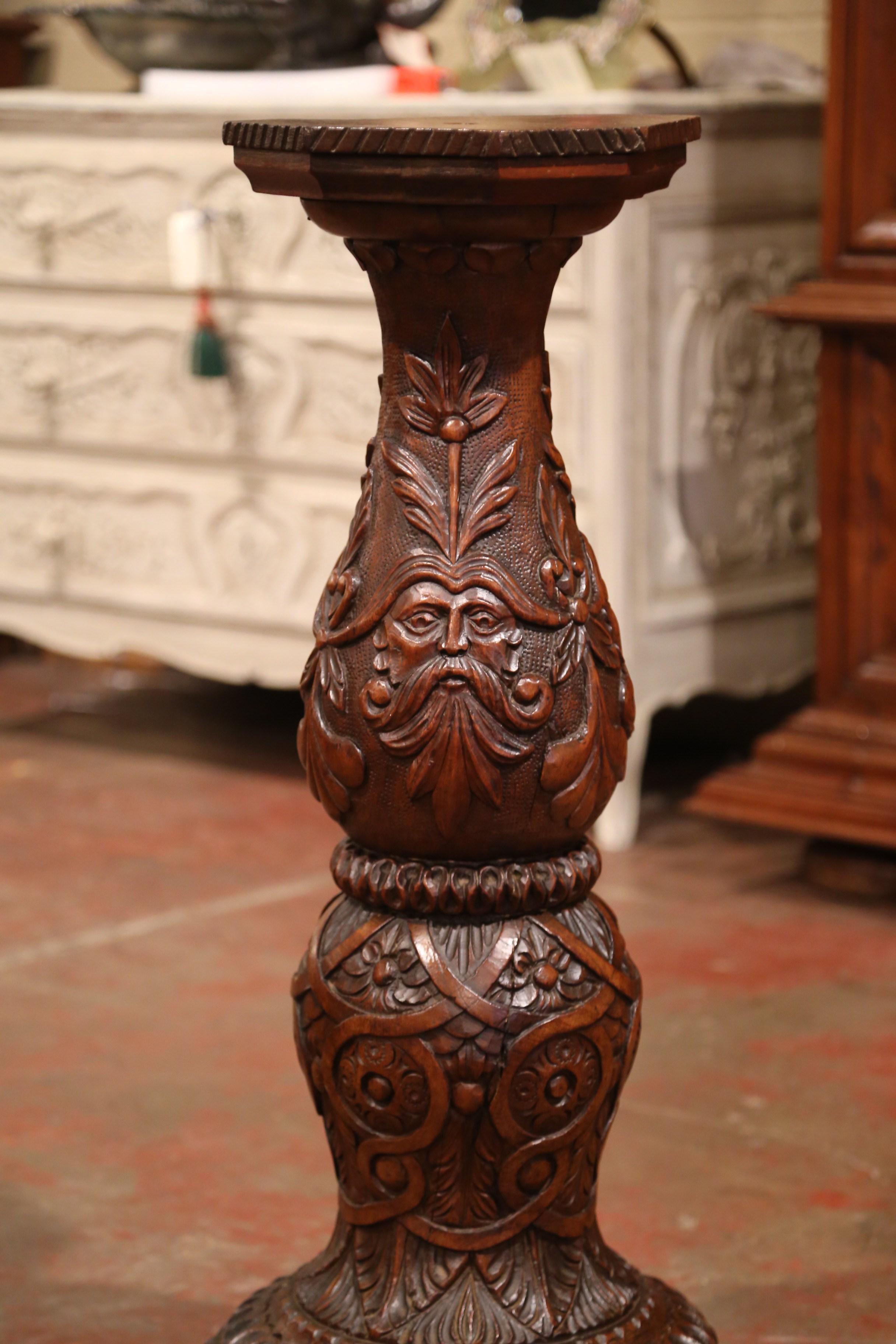 19th Century French Louis XIII Carved Walnut Pedestal Column from Normandy 1