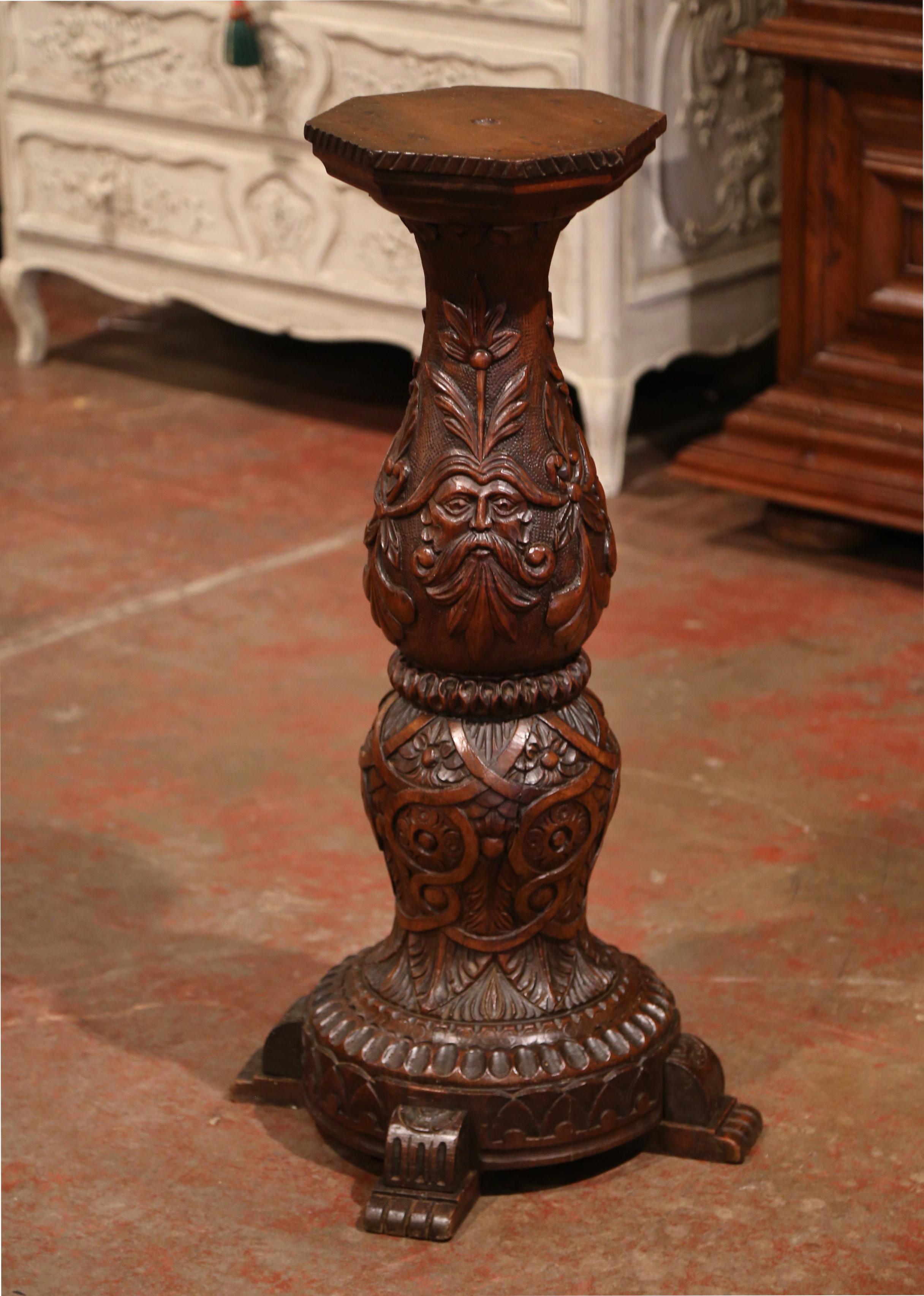 19th Century French Louis XIII Carved Walnut Pedestal Column from Normandy 3