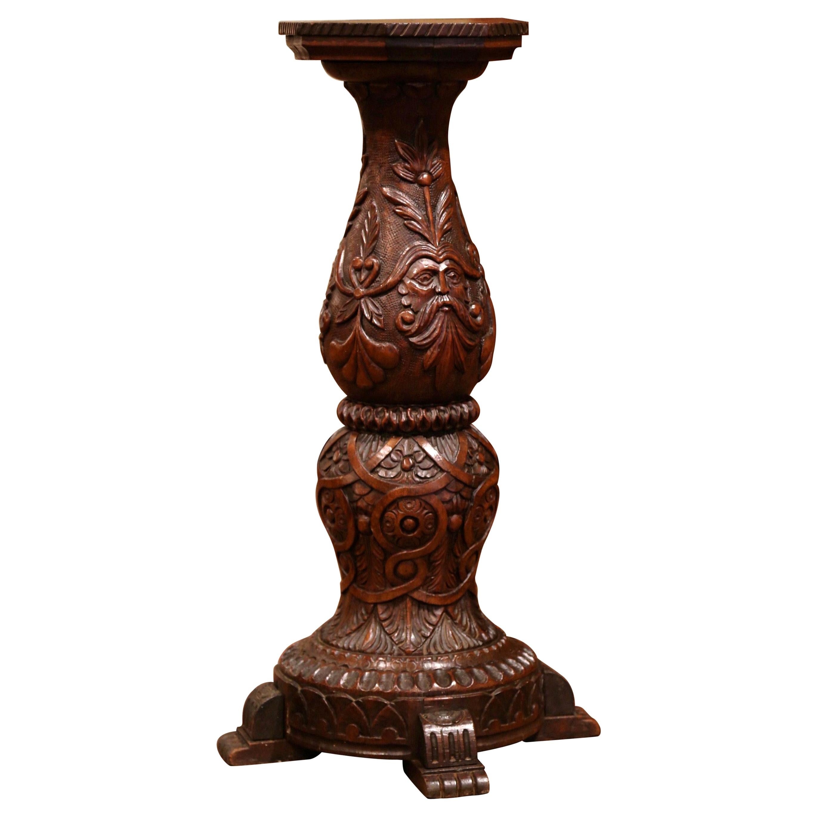 19th Century French Louis XIII Carved Walnut Pedestal Column from Normandy
