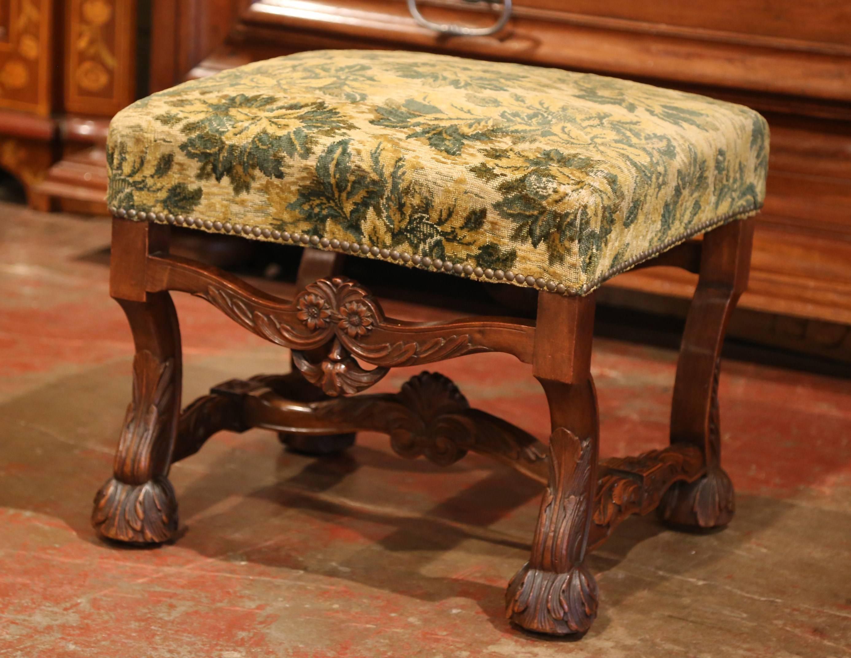 Velvet 19th Century French Louis XIII Carved Walnut Stool from the Perigord