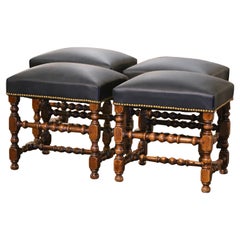 19th Century French Louis XIII Carved Walnut Stools with Black Leather, Set of 4