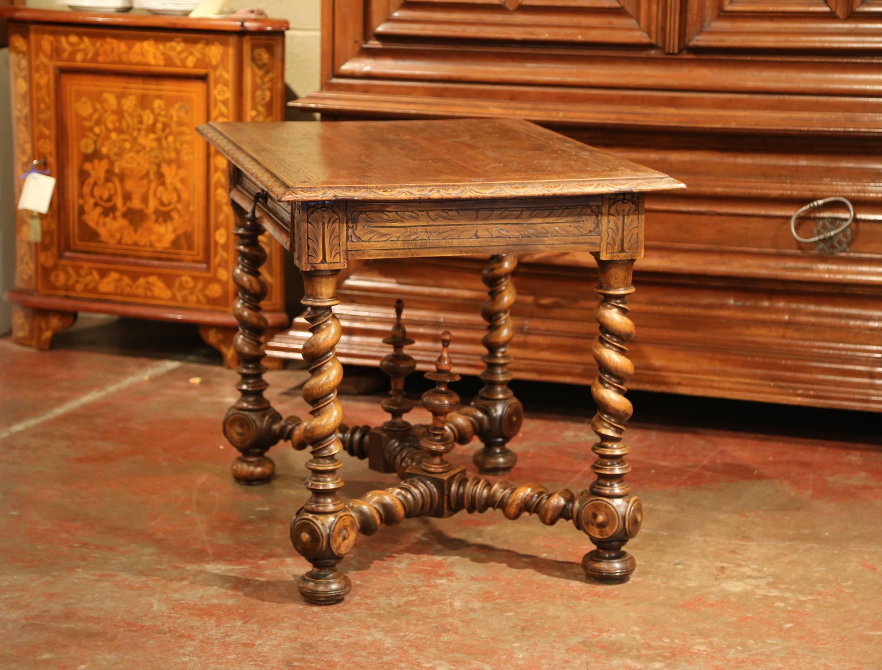 19th Century French Louis XIII Carved Walnut Table Desk with Barley Twist Legs 6