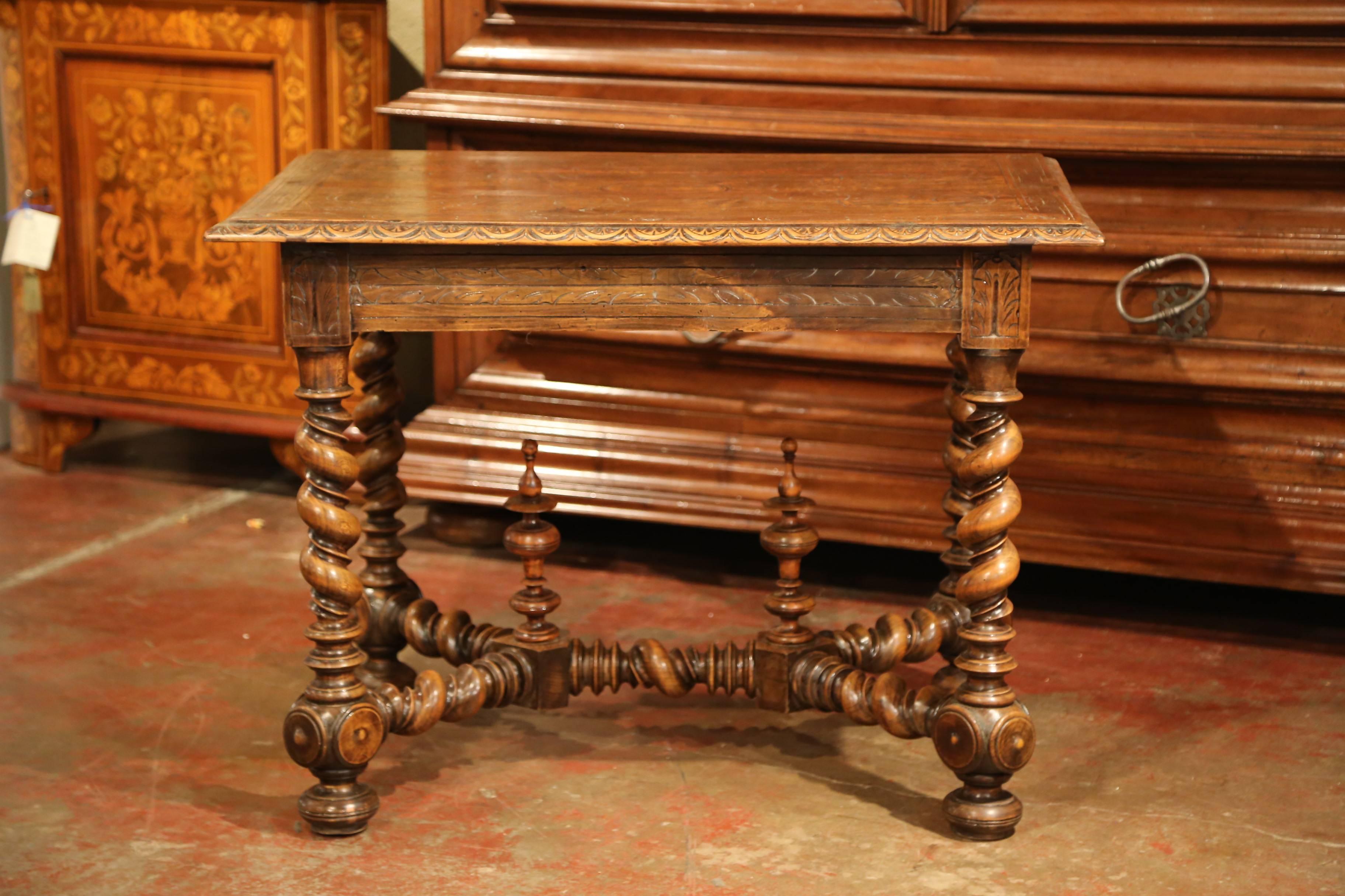 19th Century French Louis XIII Carved Walnut Table Desk with Barley Twist Legs 7