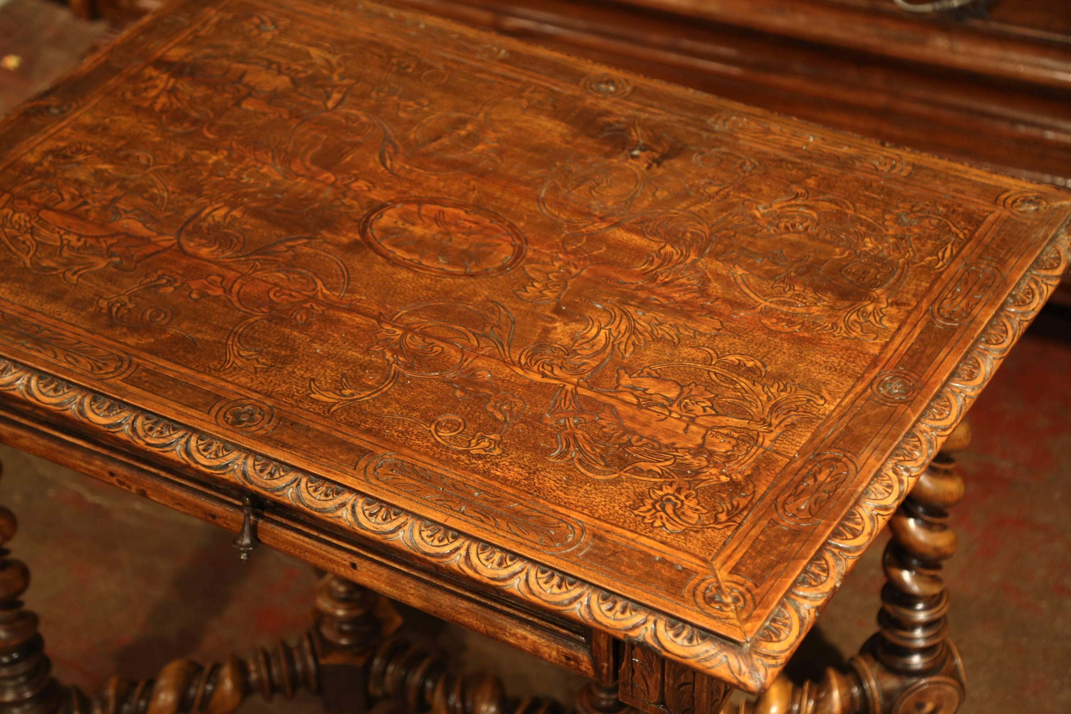 Patinated 19th Century French Louis XIII Carved Walnut Table Desk with Barley Twist Legs