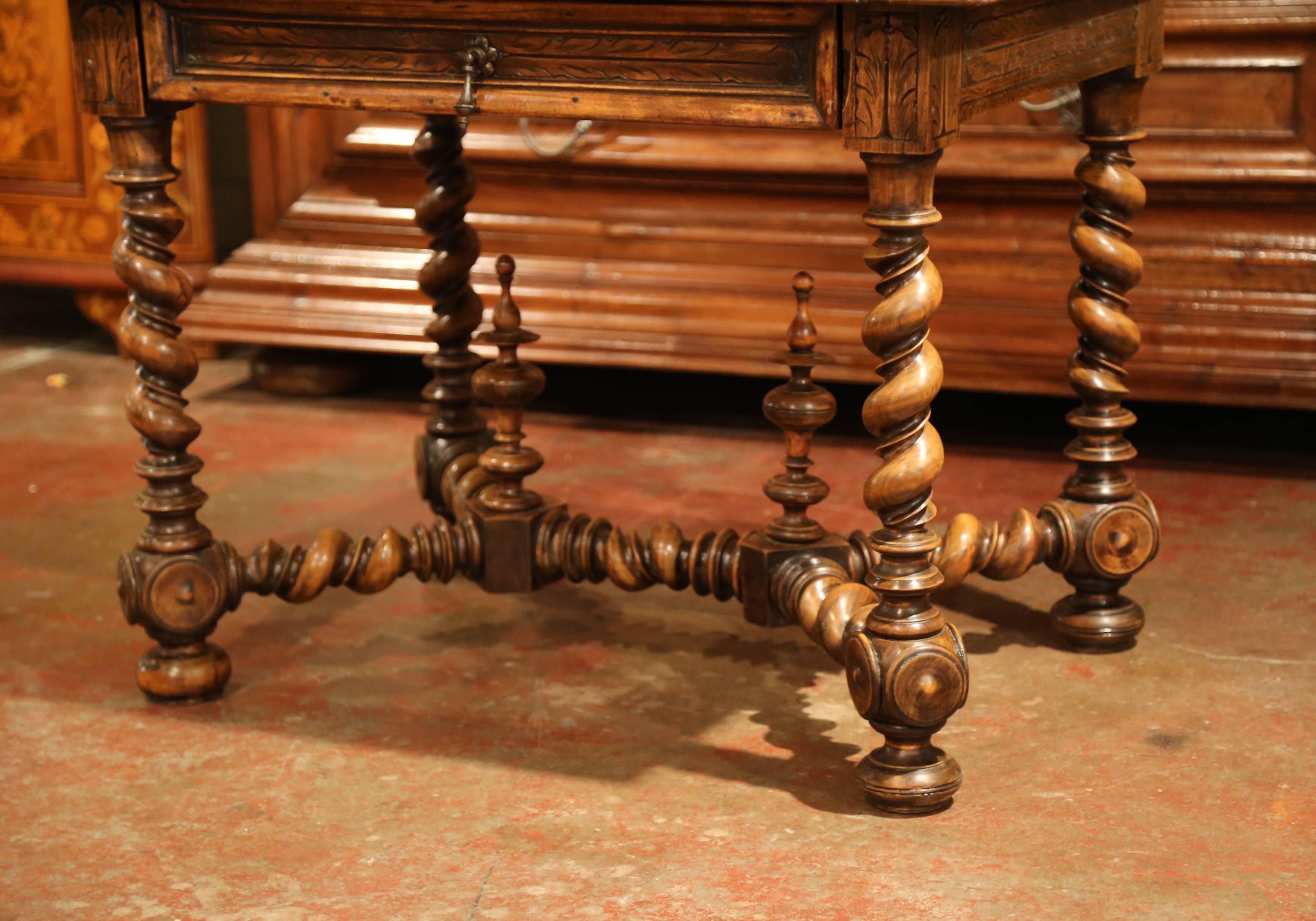19th Century French Louis XIII Carved Walnut Table Desk with Barley Twist Legs In Excellent Condition In Dallas, TX