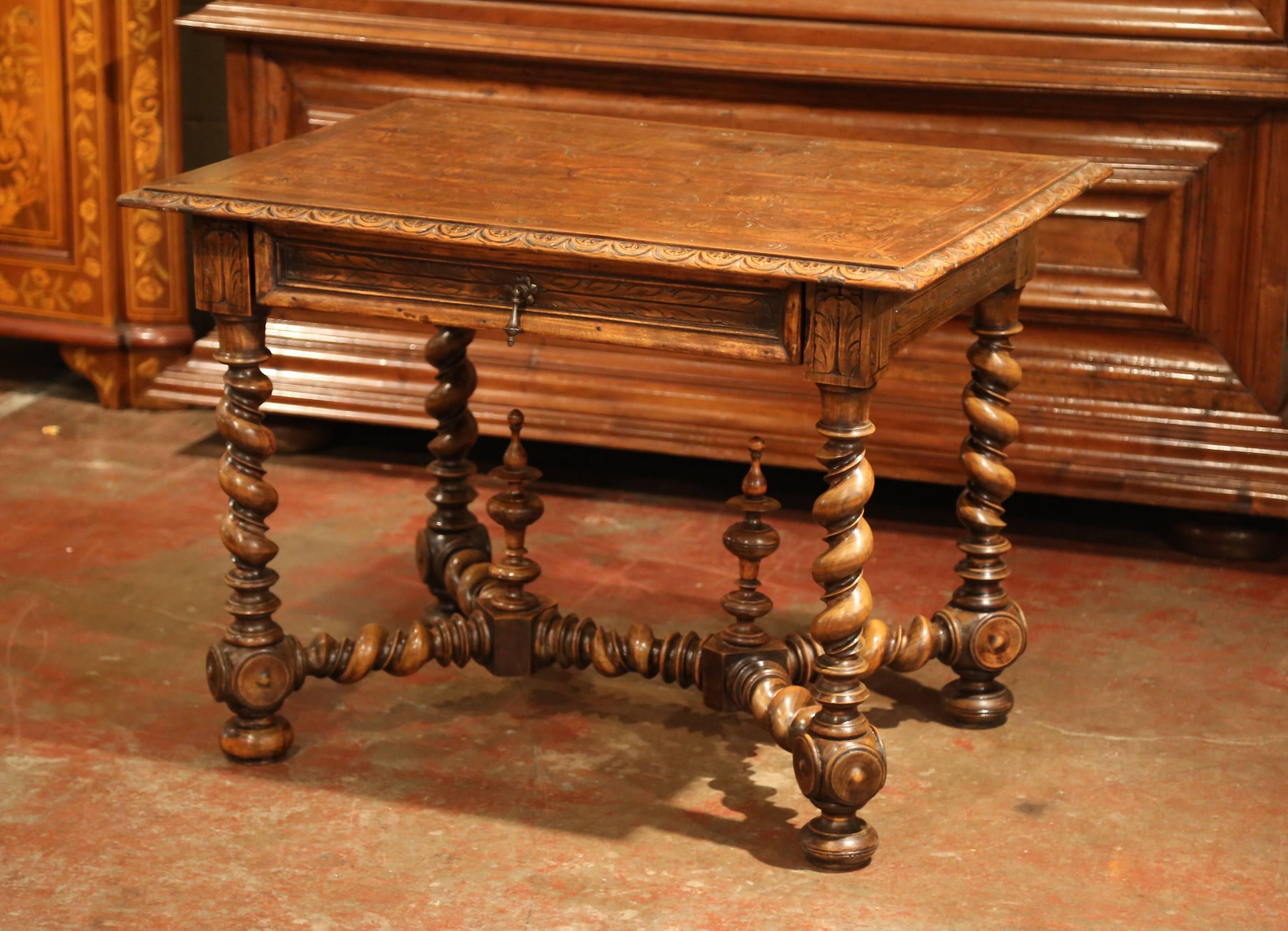 19th Century French Louis XIII Carved Walnut Table Desk with Barley Twist Legs 1