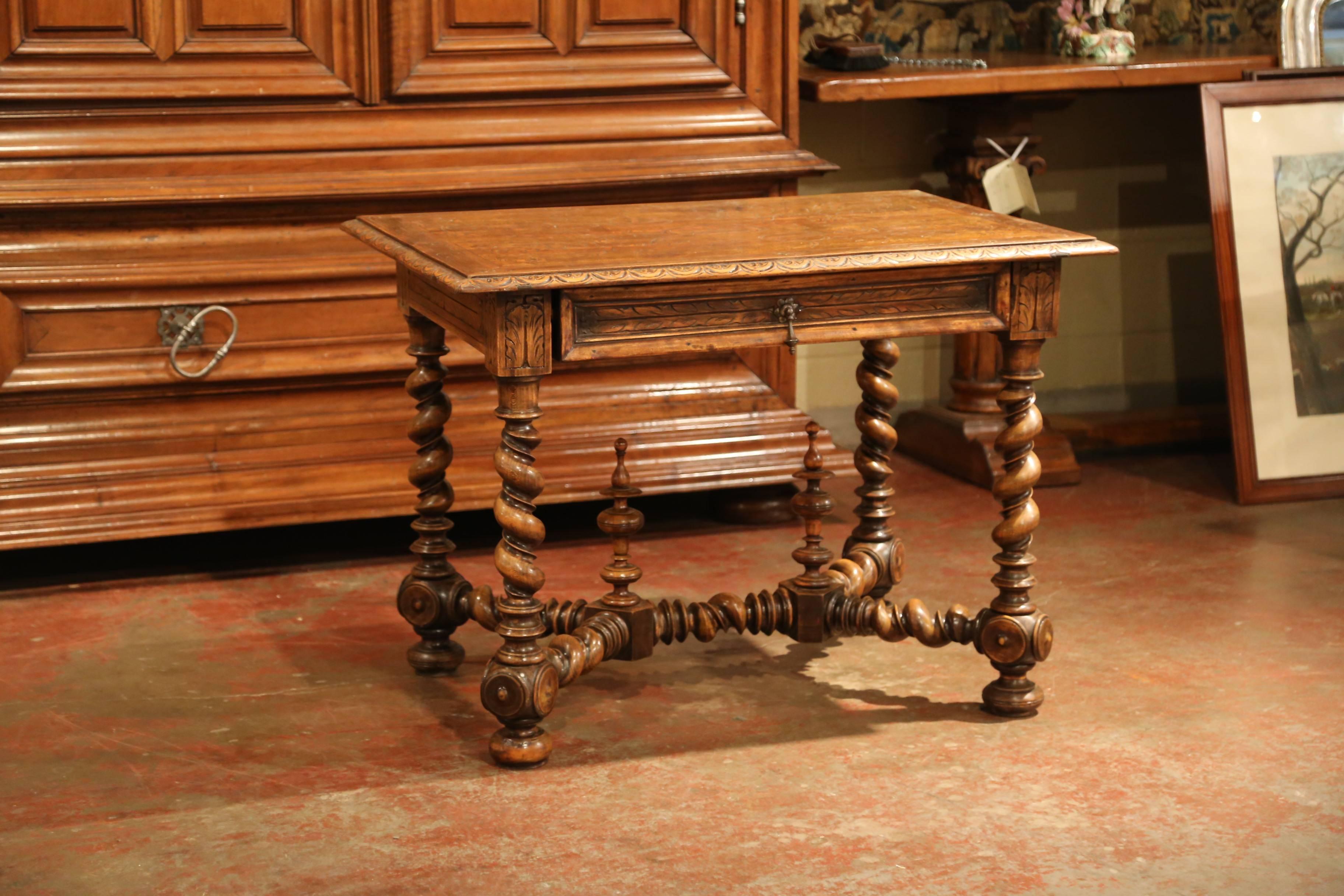 19th Century French Louis XIII Carved Walnut Table Desk with Barley Twist Legs 3