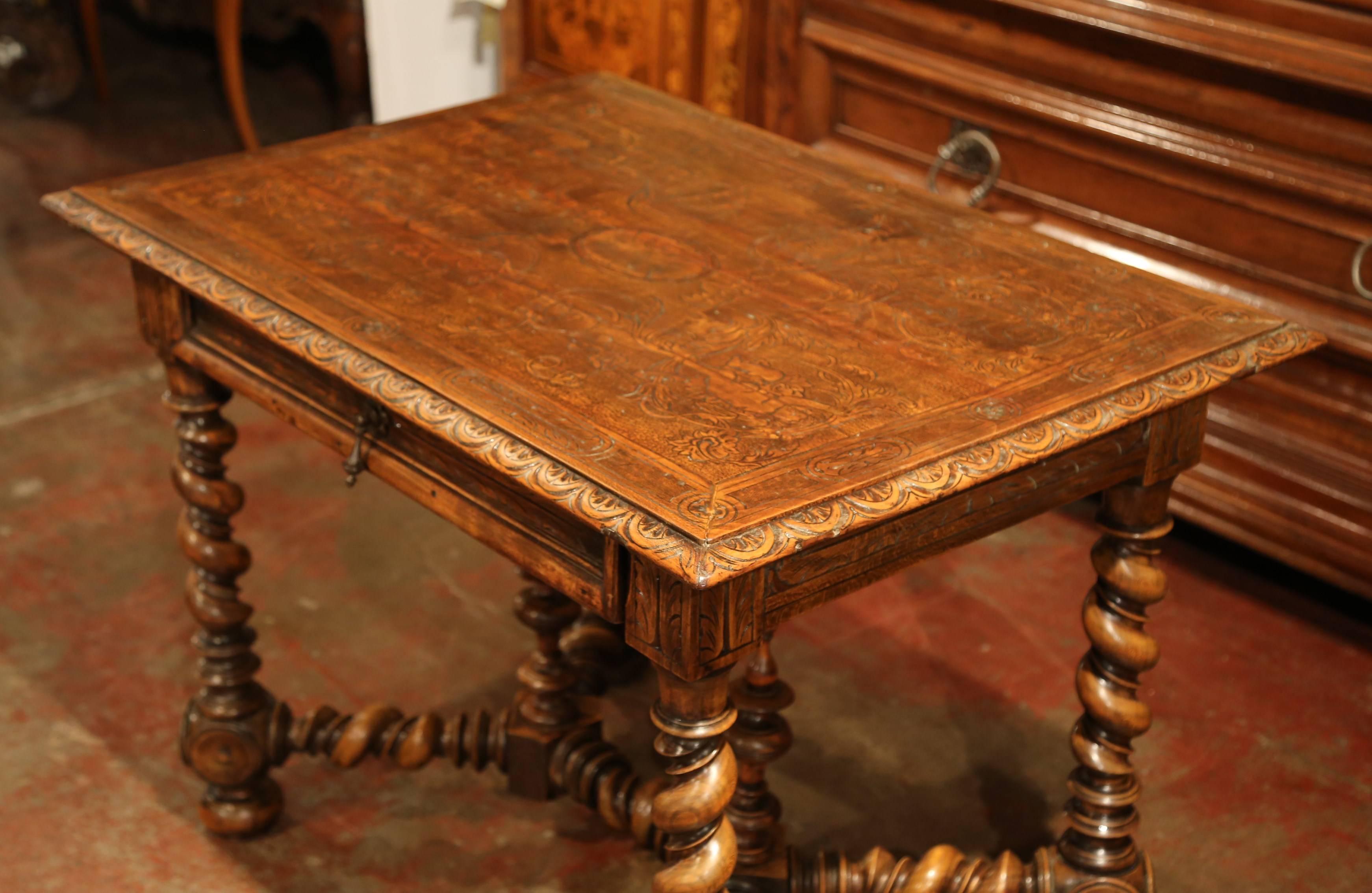 19th Century French Louis XIII Carved Walnut Table Desk with Barley Twist Legs 4