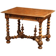 19th Century French Louis XIII Carved Walnut Table Desk with Barley Twist Legs