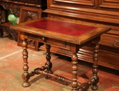 19th Century French Louis XIII Carved Walnut Table Desk with Red Leather Top