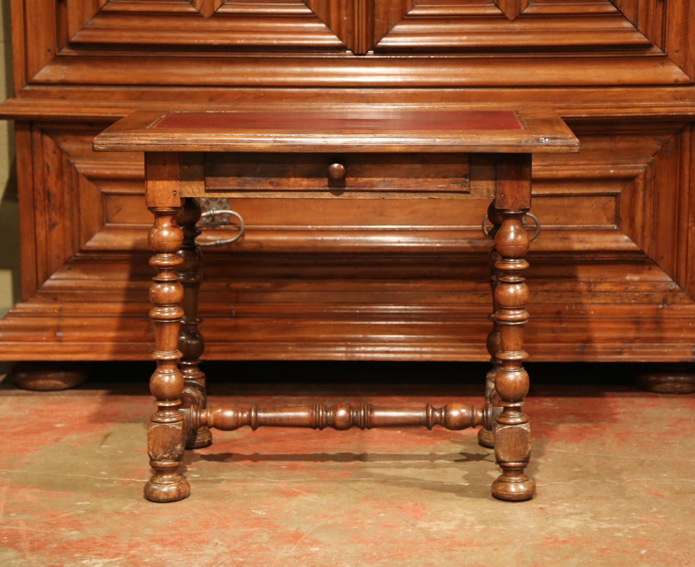 Hand-Carved 19th Century French Louis XIII Carved Walnut Table Desk with Red Leather Top